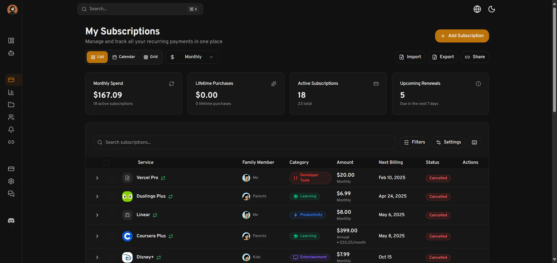 Vexly dark mode subscription management dashboard