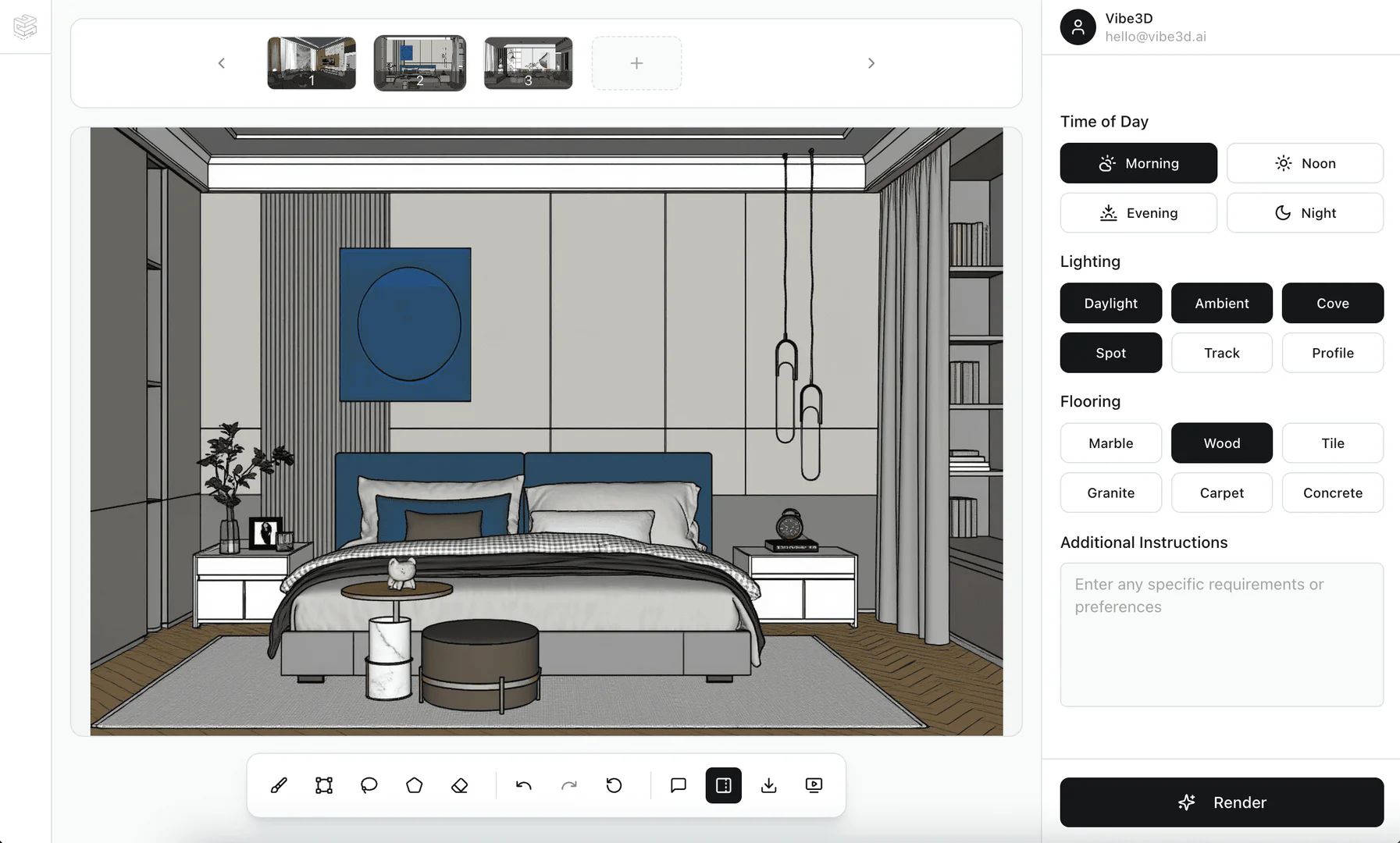 Vibe3D product overview with interior design rendering