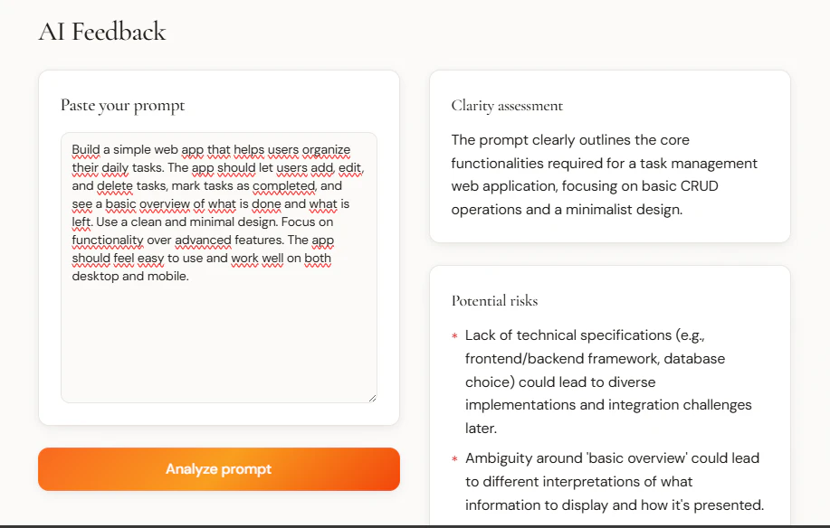 vibecodeprompts AI feedback feature