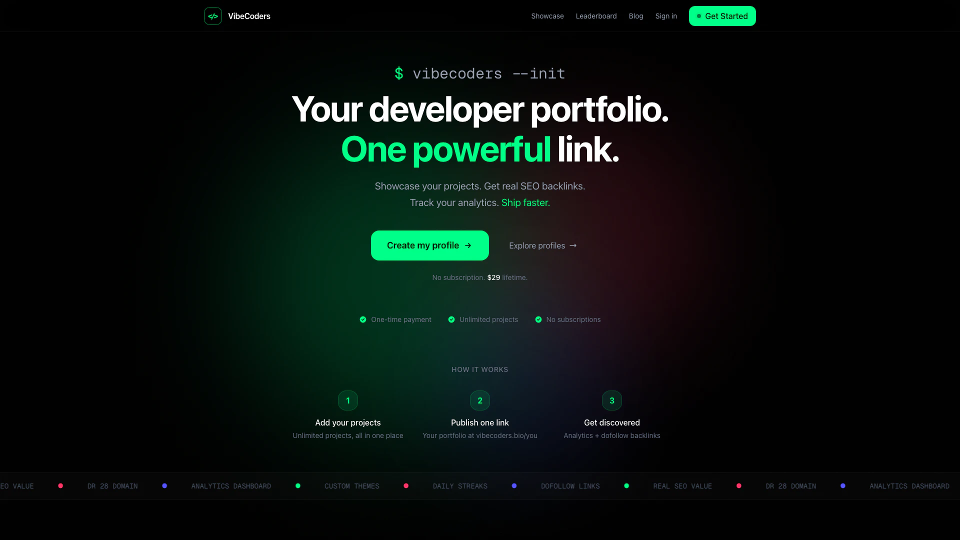 Vibecoders website screenshot showing VibeCoders is a developer portfolio plat... interface and features