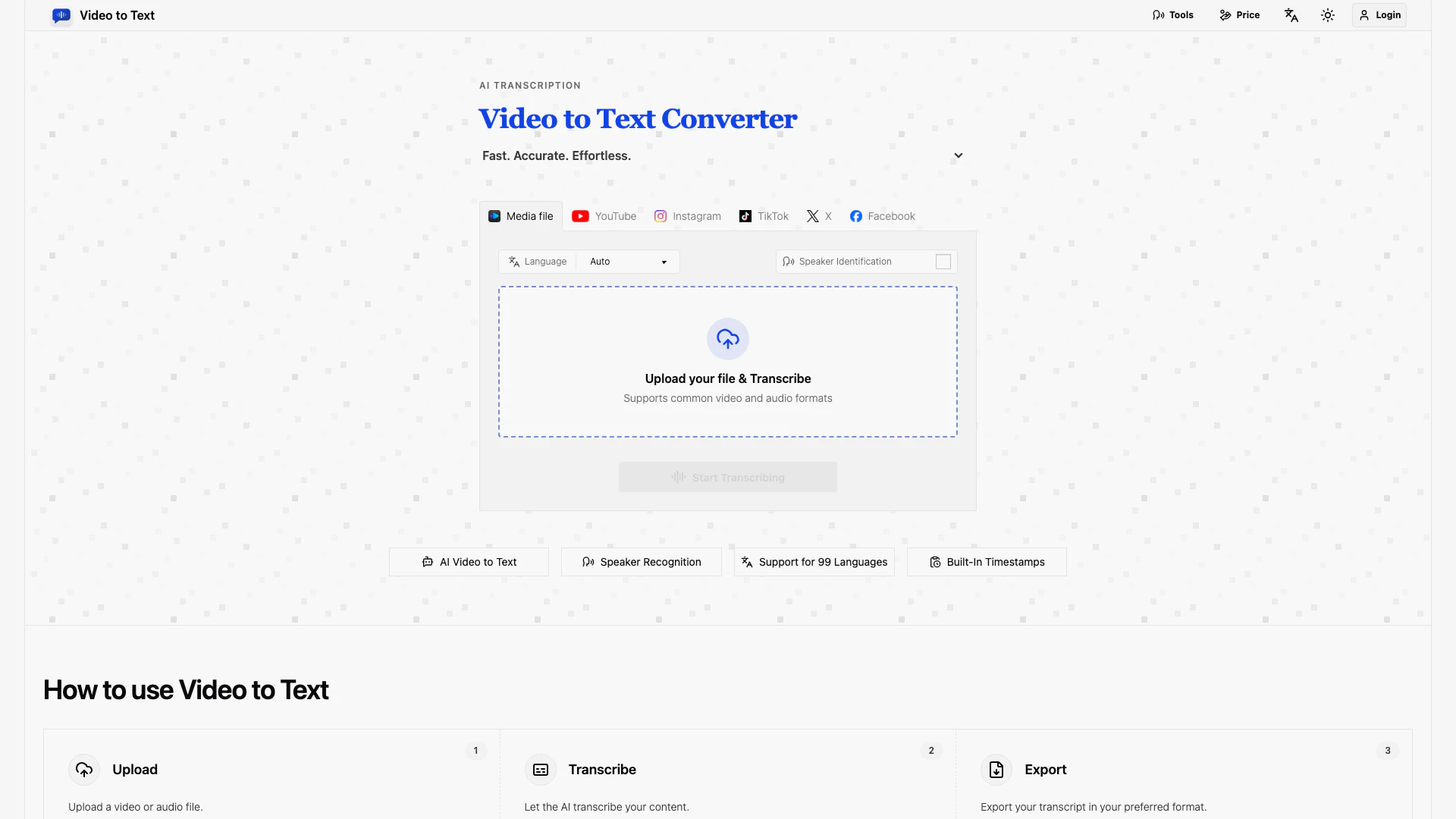 Video To Text website screenshot showing Converta vídeo em texto gratuitamente co... interface and features