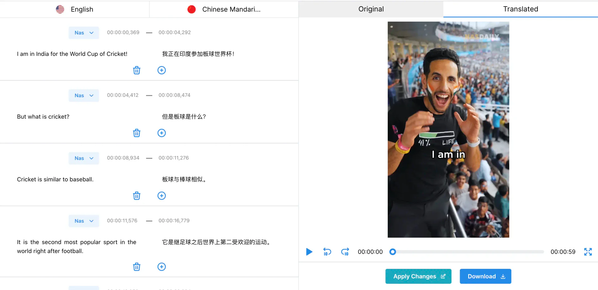 VideoDubber AI user interface showcasing video translation capabilities