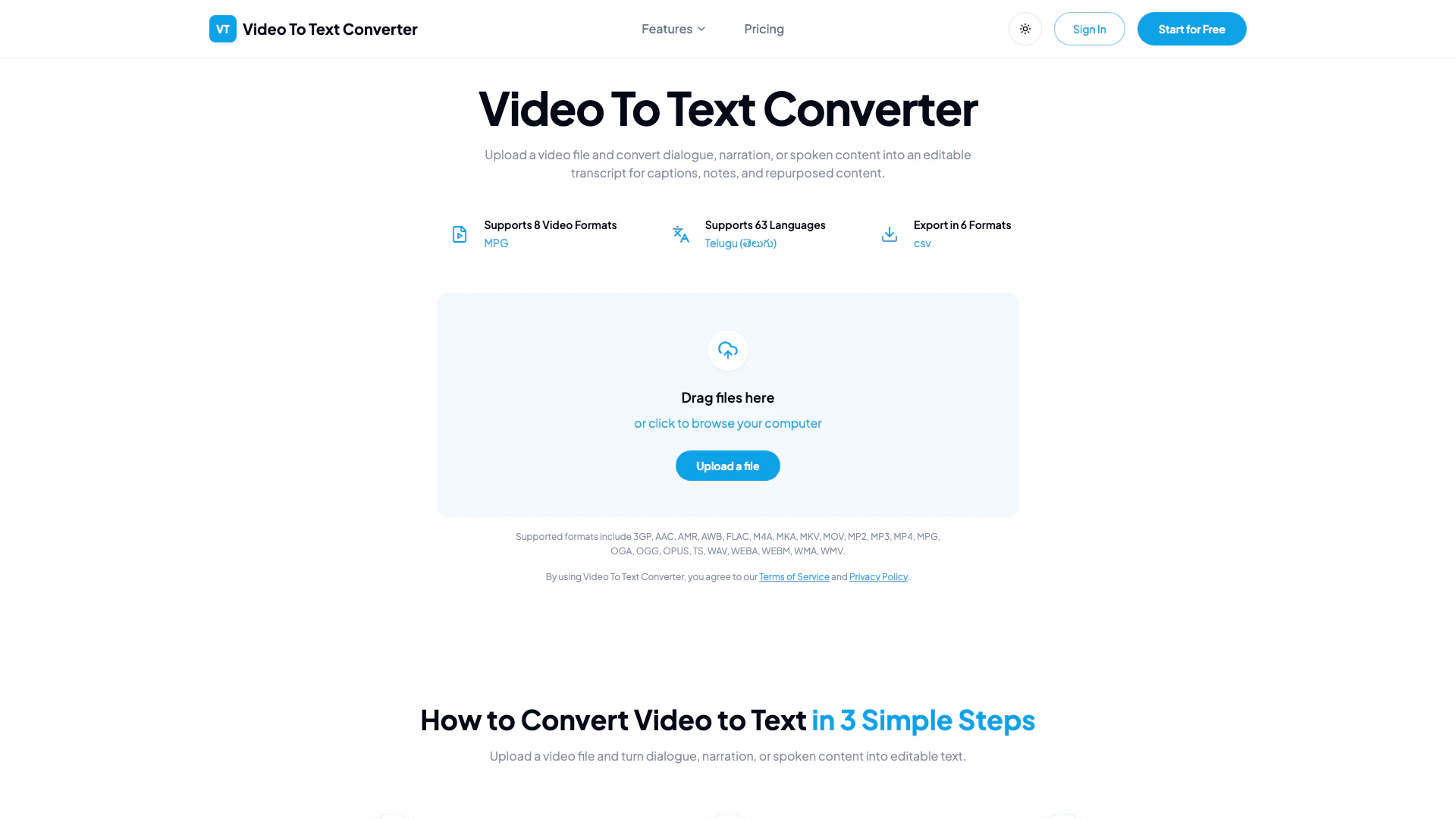 Videototextconverter website screenshot showing Upload a video file and convert dialogue... interface and features