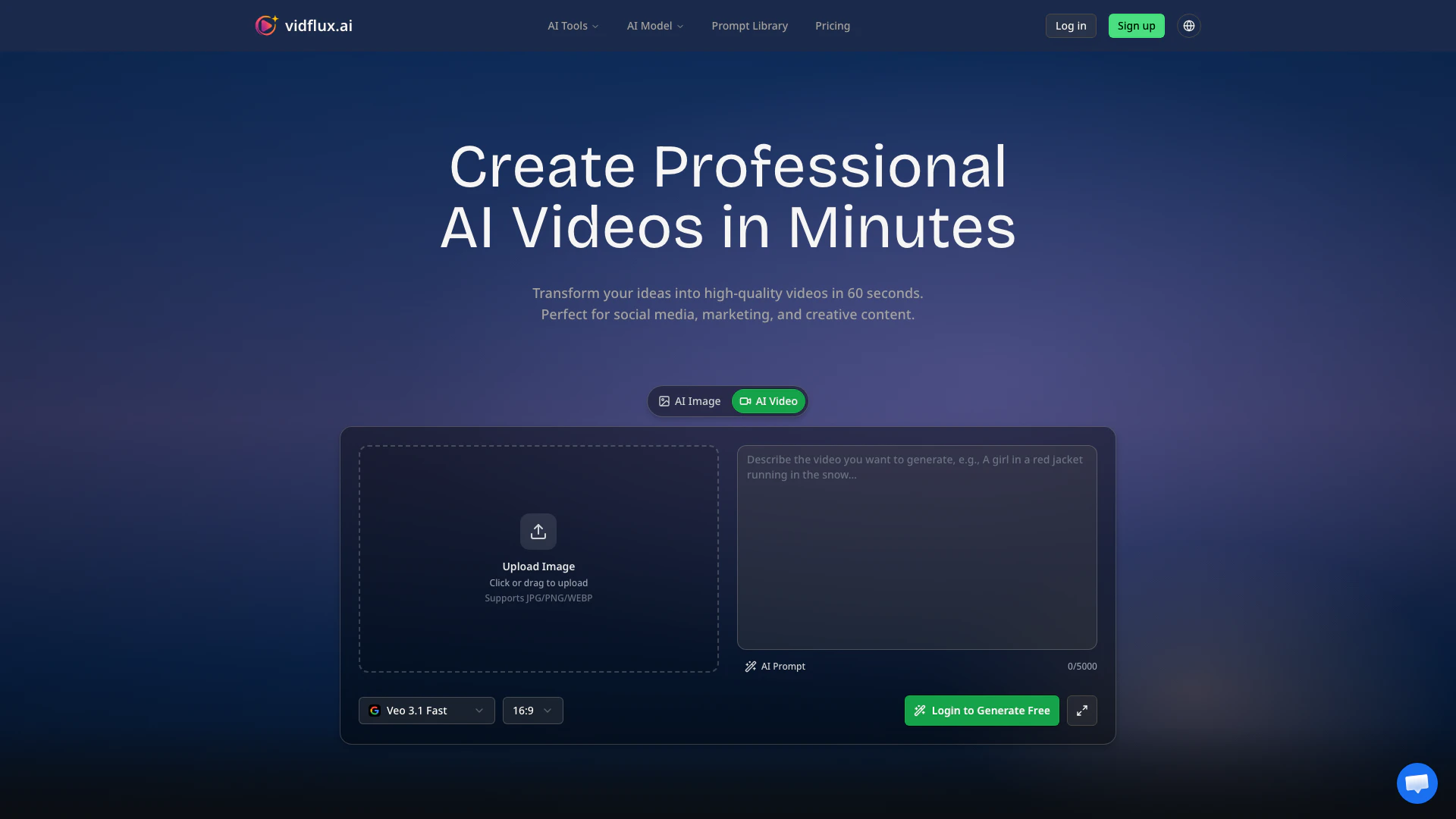 Vidfluxai website screenshot showing Experience the power of Vidfluxai's AI v... interface and features