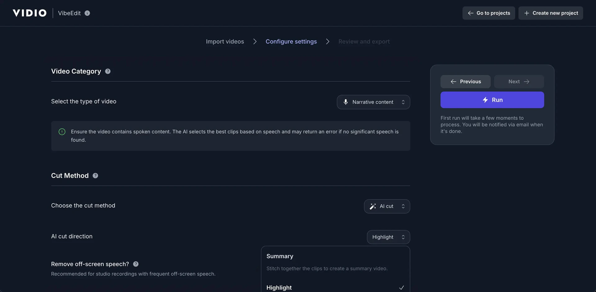 Vidioai AI video editor interface
