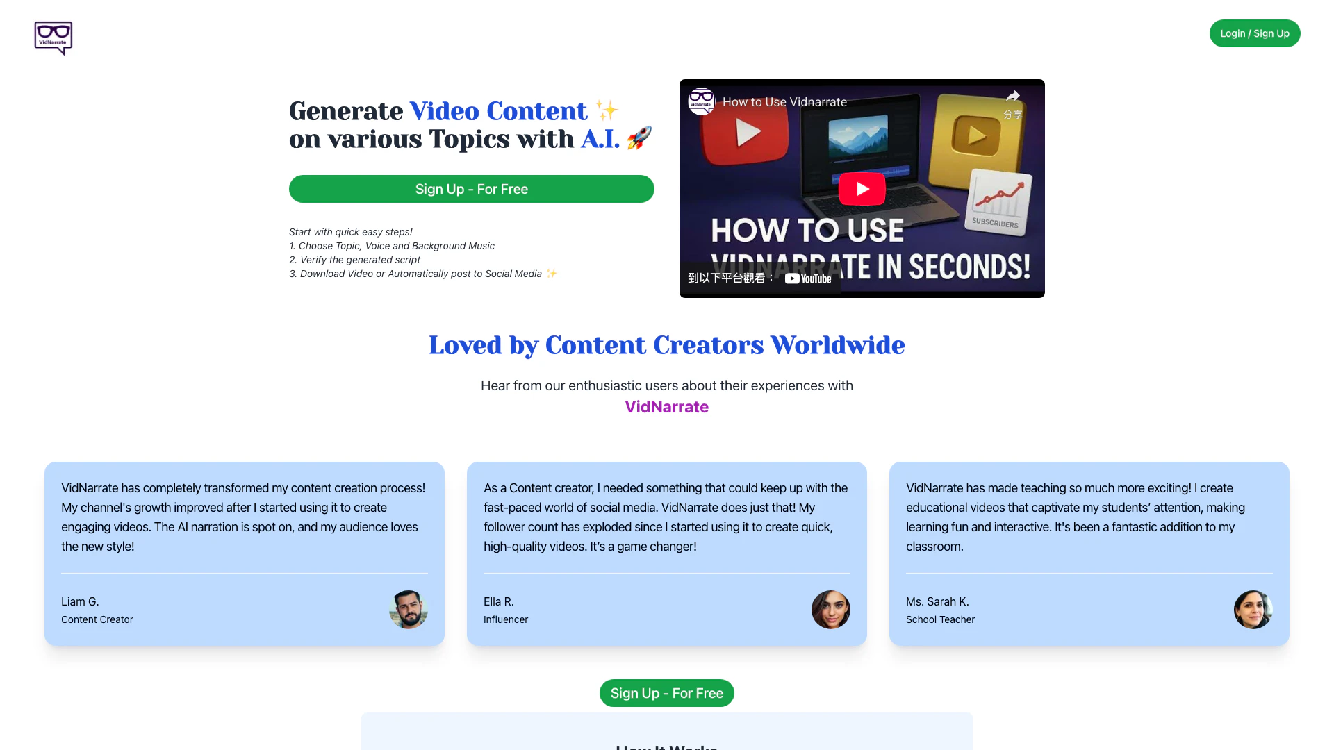 Vidnarrate website screenshot showing -- interface and features