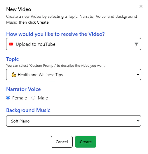 Vidnarrate usage step screenshot - Choose Topic, Voice, and Music
