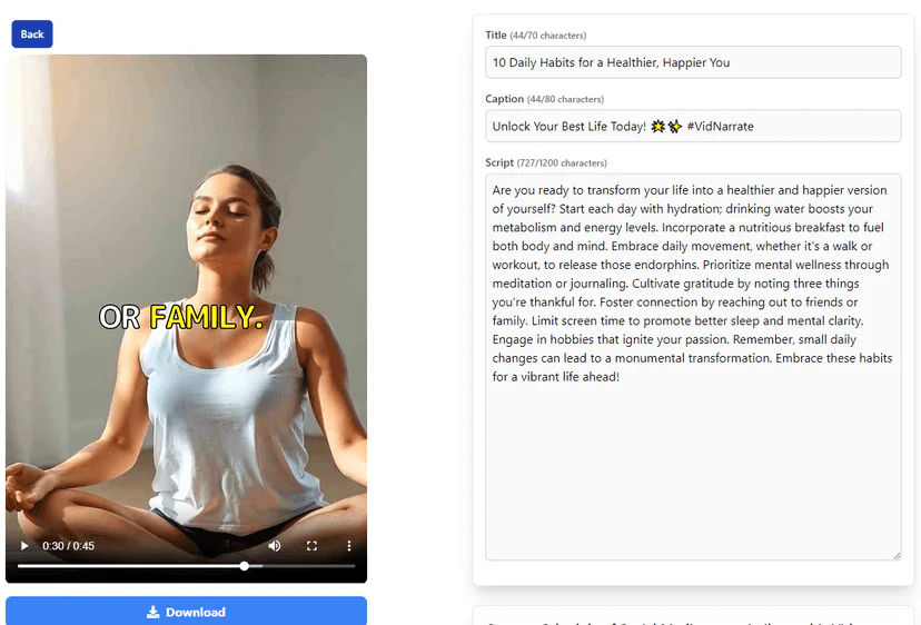 Vidnarrate usage step screenshot - Review or Download your Video