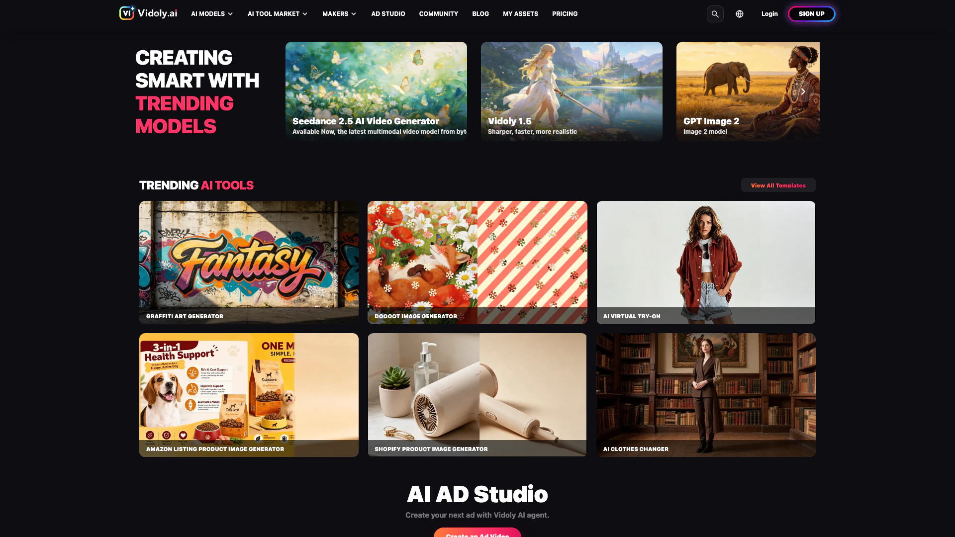 Vidolyai website screenshot showing Vidoly AIを使用して画像を生成し、動画を作成し、視覚制作を効率化します。 interface and features