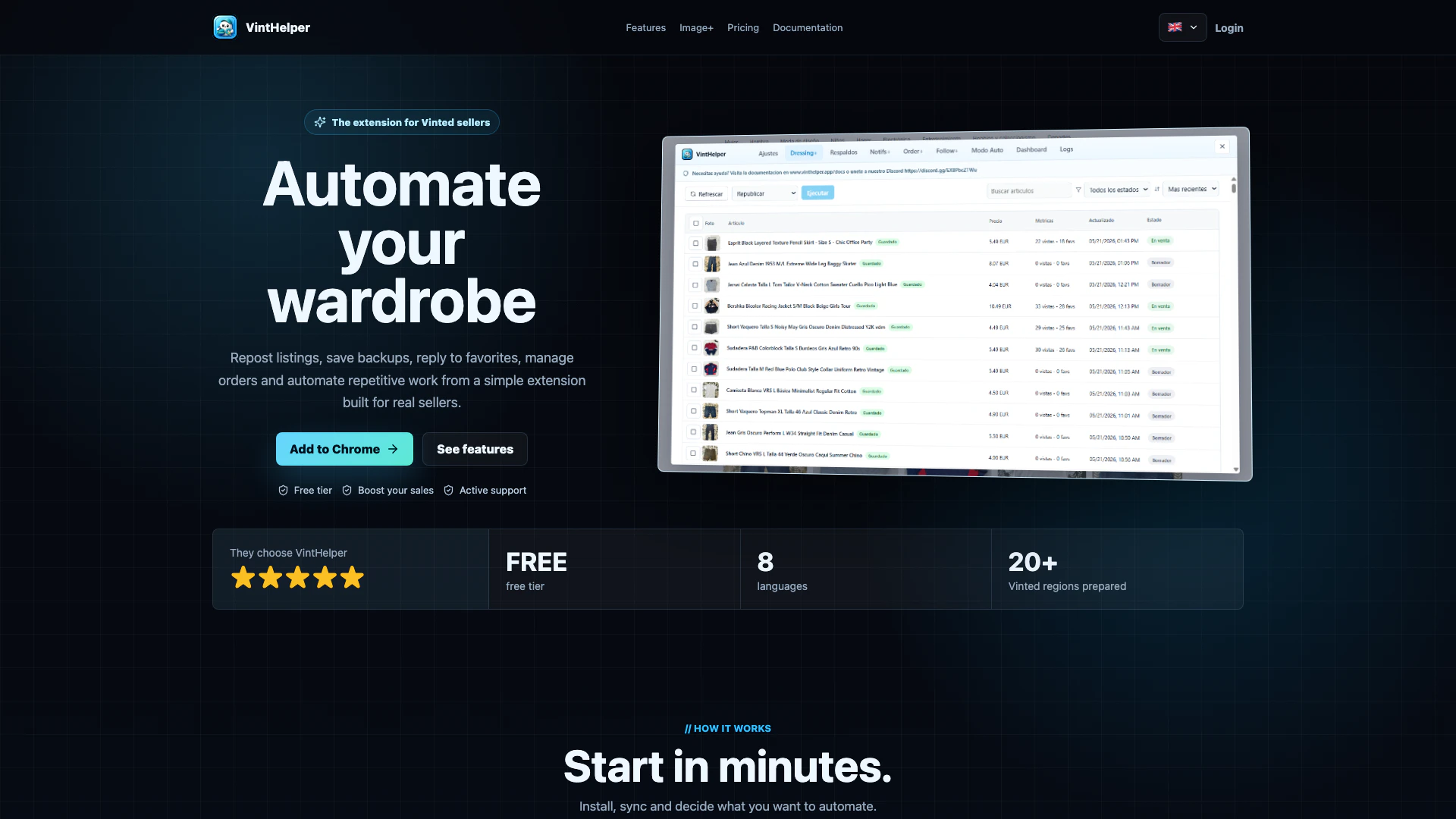 Vinthelper website screenshot showing Vinthelper is a Chrome extension designe... interface and features