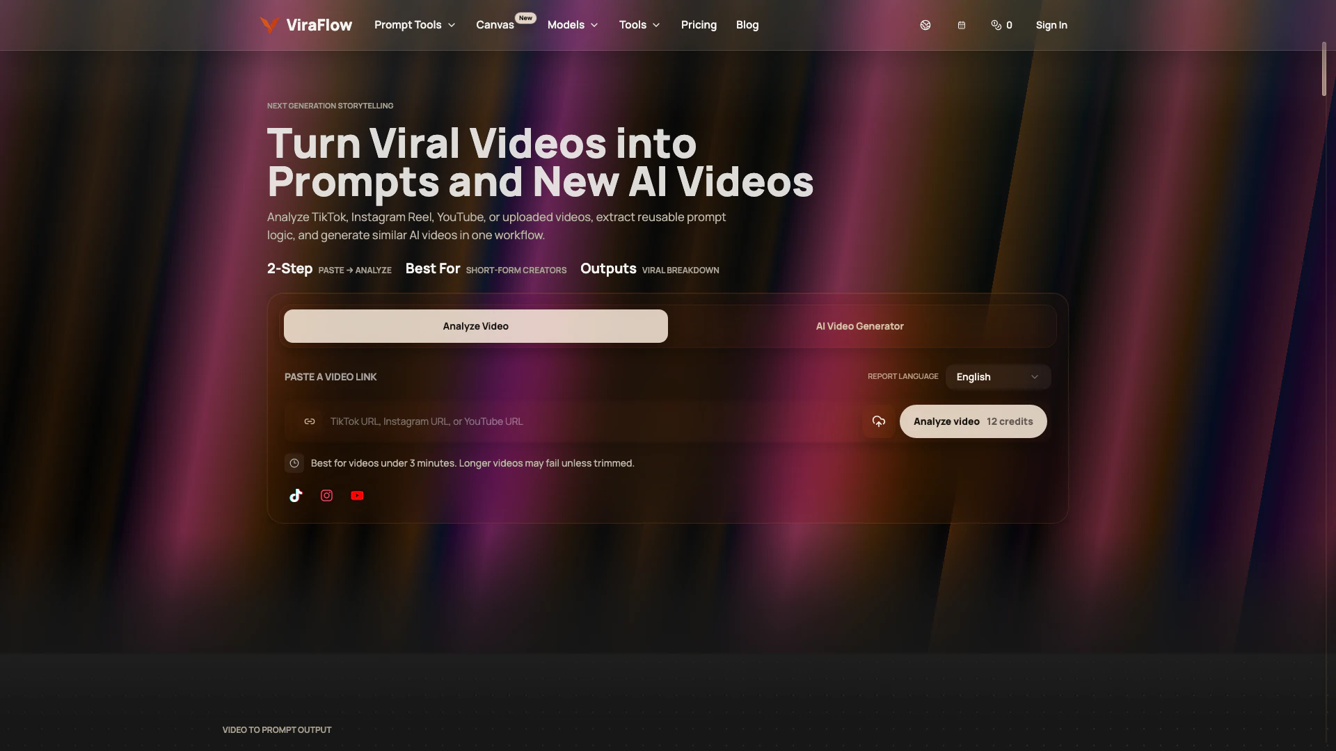 Viraflow website screenshot showing ViraFlow allows you to analyze viral vid... interface and features