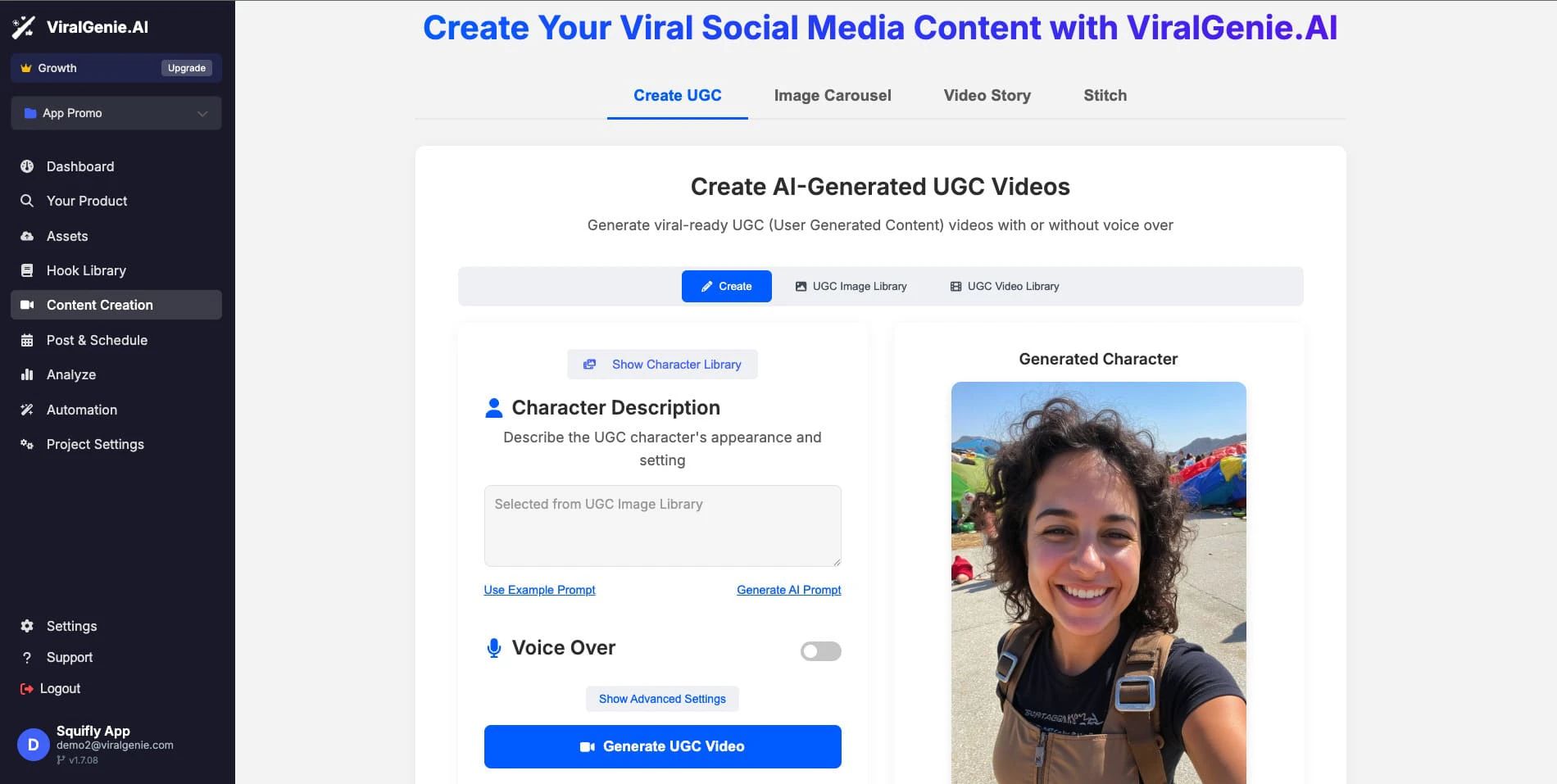Viralgenieai content generation studio showcasing various content types