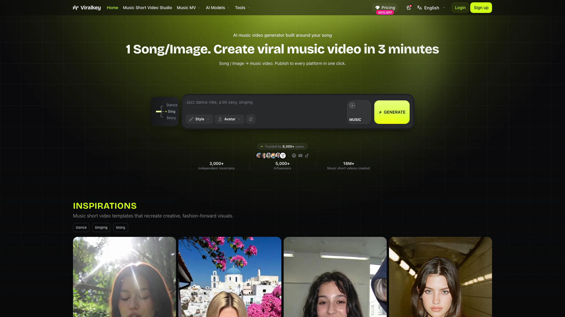 Viralkeyai website screenshot showing Crea impresionantes videos musicales AI ... interface and features