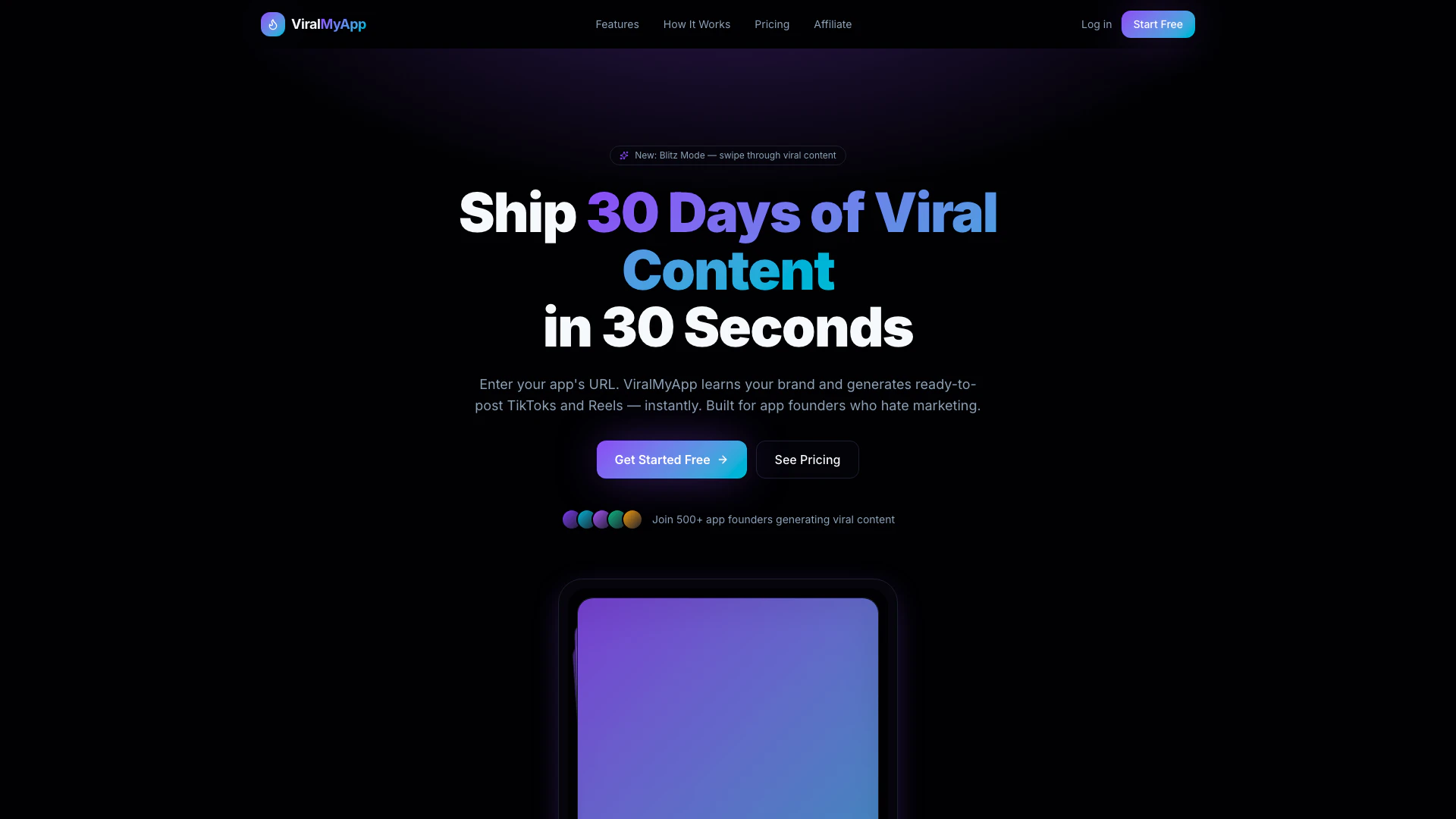 Viralmyapp website screenshot showing ViralMyApp is an AI-powered engine that ... interface and features
