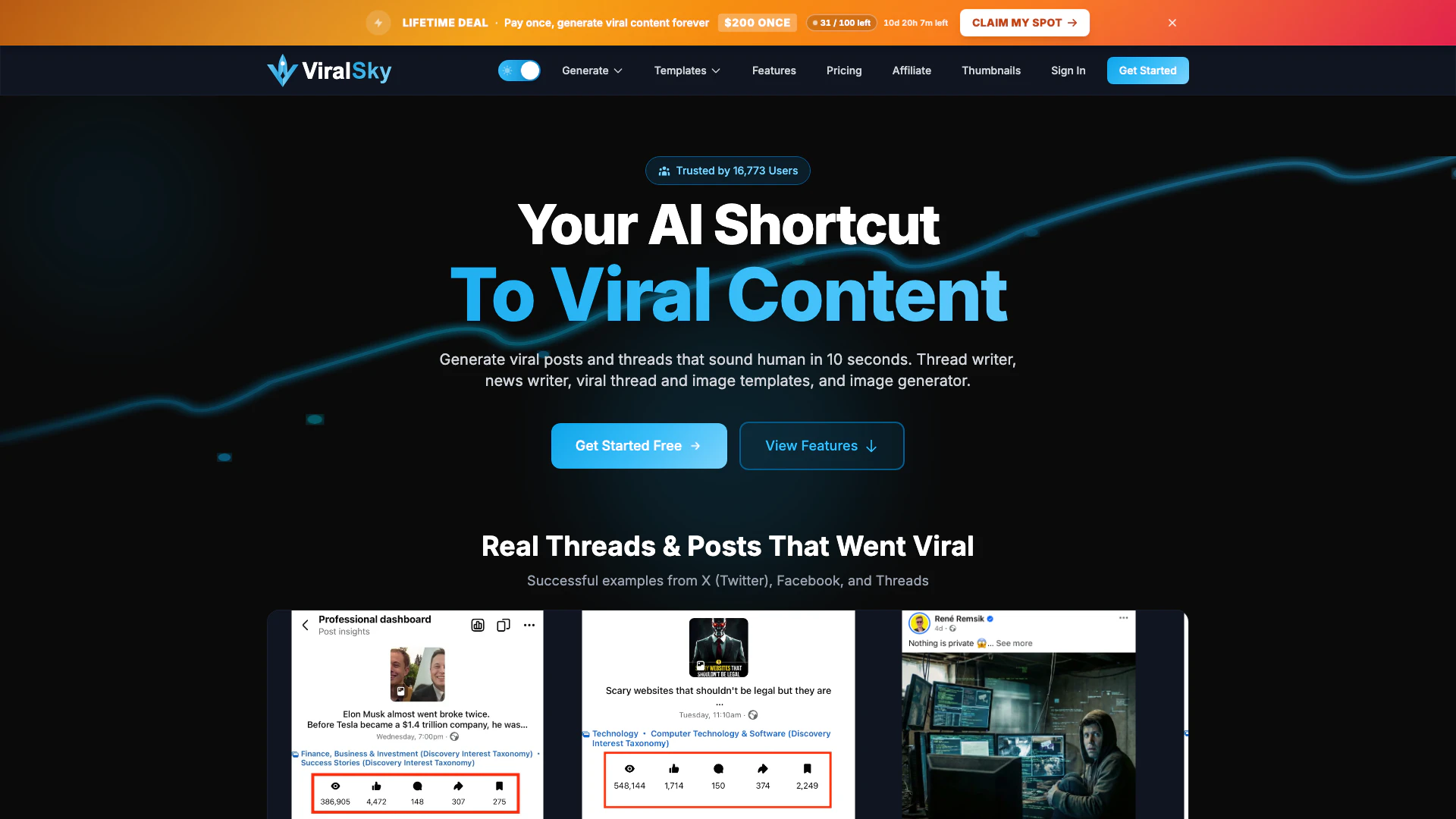 Viralskyai website screenshot showing Crie threads virais nas redes sociais co... interface and features