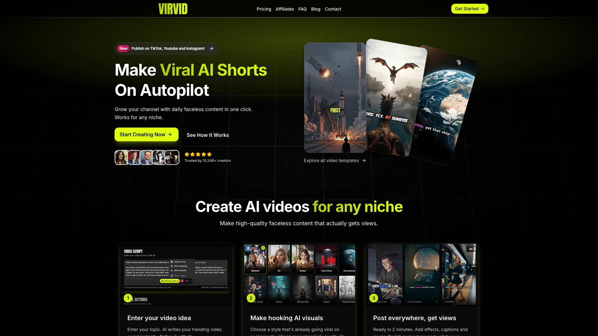 Virvidai website screenshot showing Virvidai allows you to create viral AI s... interface and features