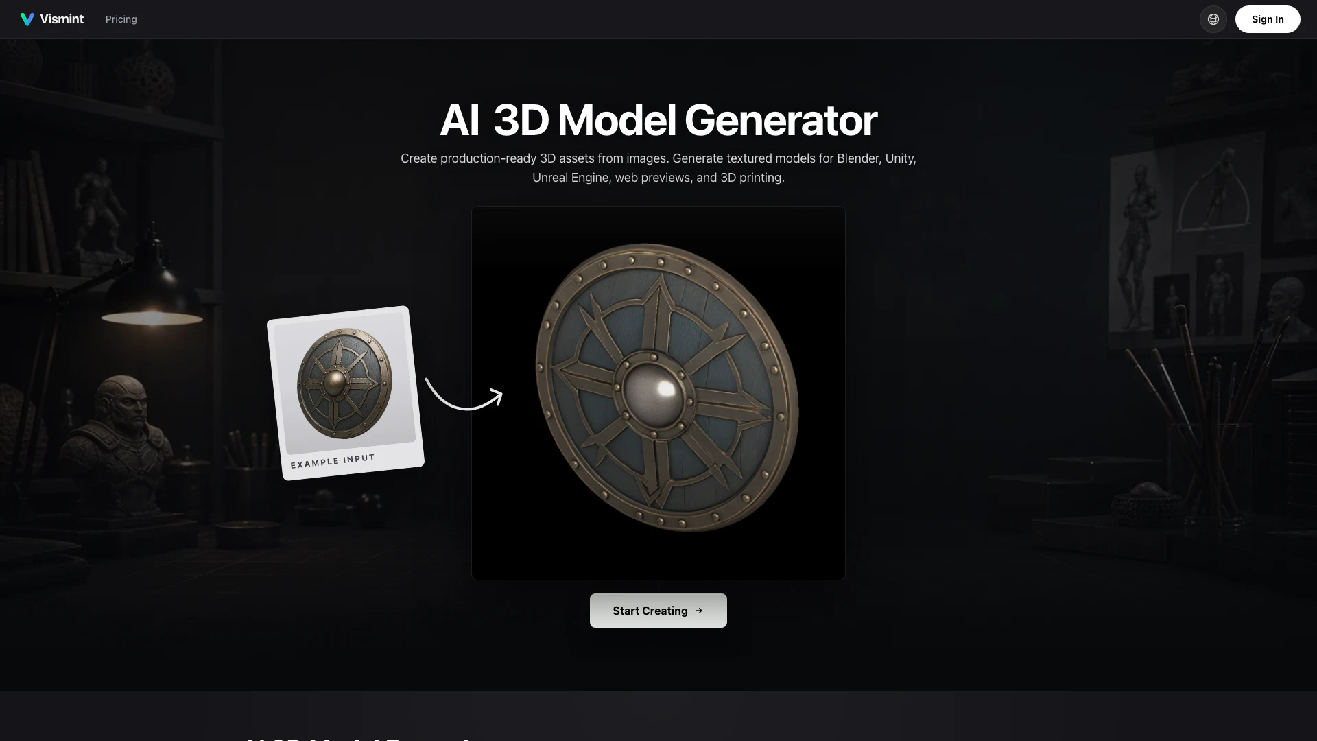 Vismint website screenshot showing Vismint is an AI-powered 3D model genera... interface and features