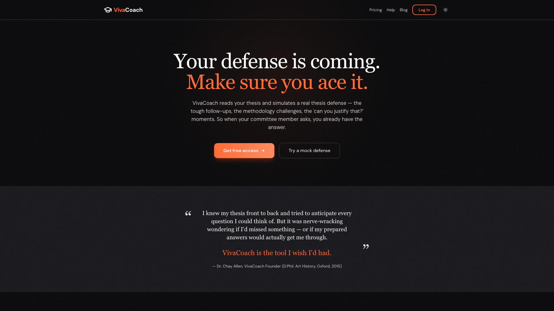 Vivacoachai website screenshot showing Prepare for your thesis defense with con... interface and features