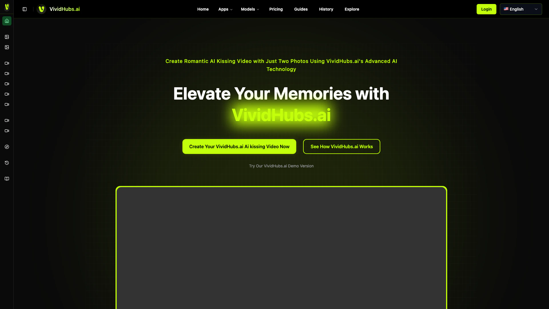 Vividhubsai website screenshot showing Easily create Romantic AI kissing videos... interface and features