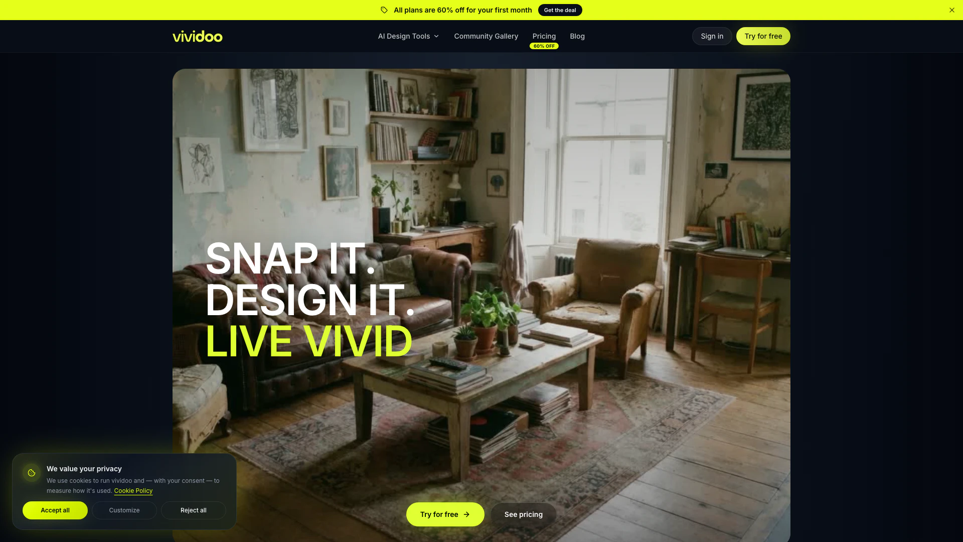 Vividoo website screenshot showing Reimagine your home with AI. Upload a ph... interface and features