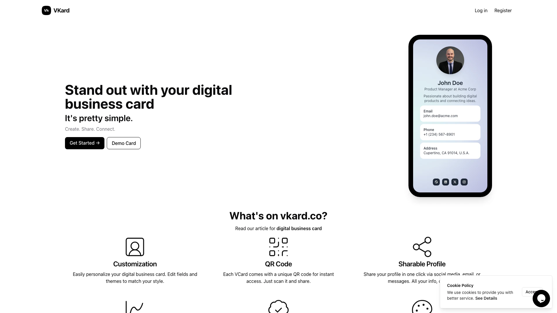 Vkard website screenshot showing Create and share your digital business c... interface and features