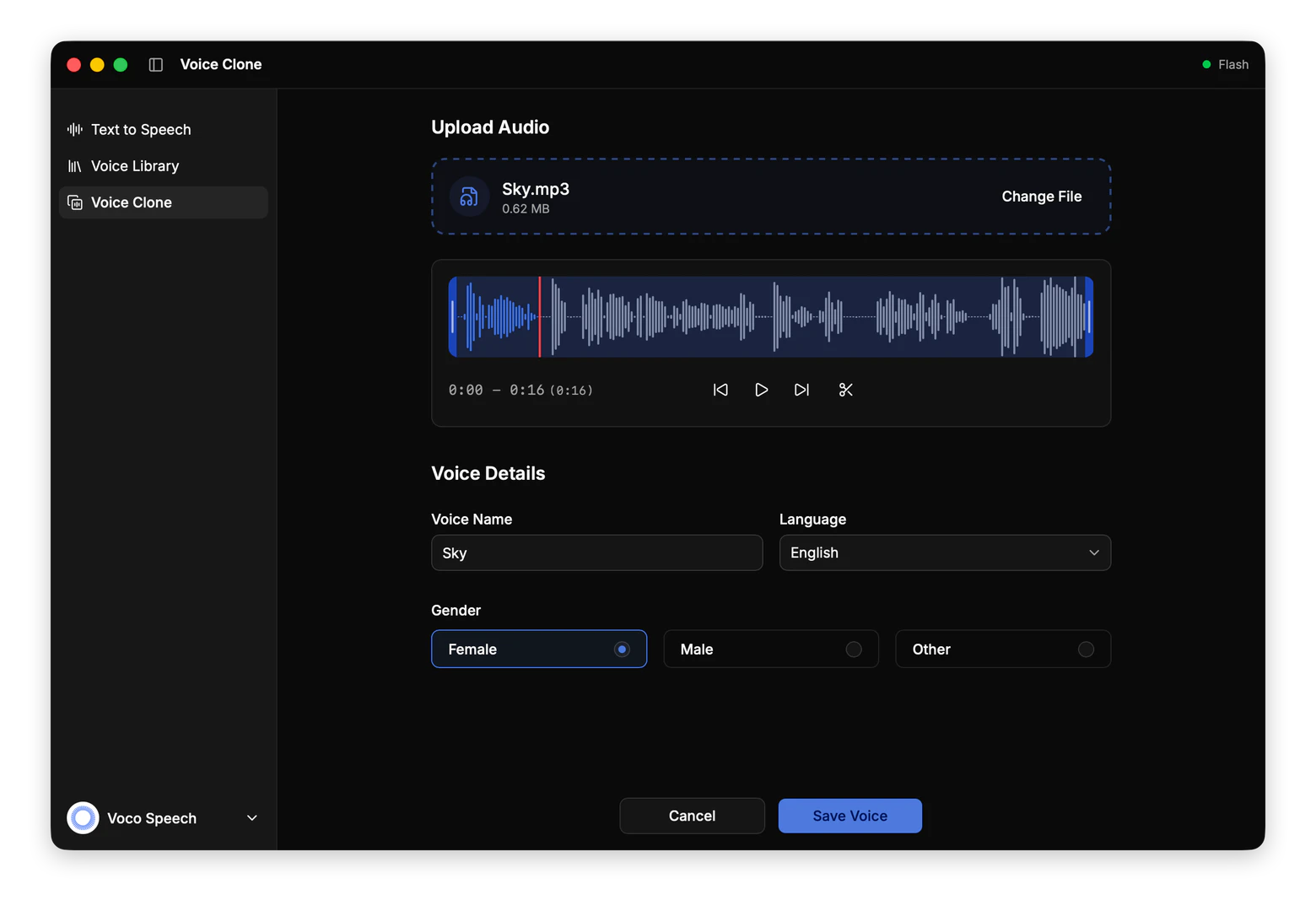 Voco Speech voice cloning feature demonstration in dark mode