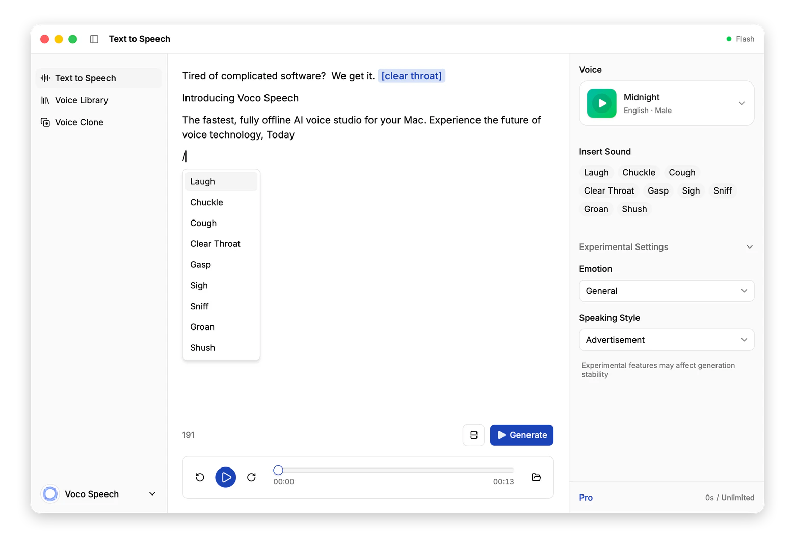Voco Speech product interface in light mode