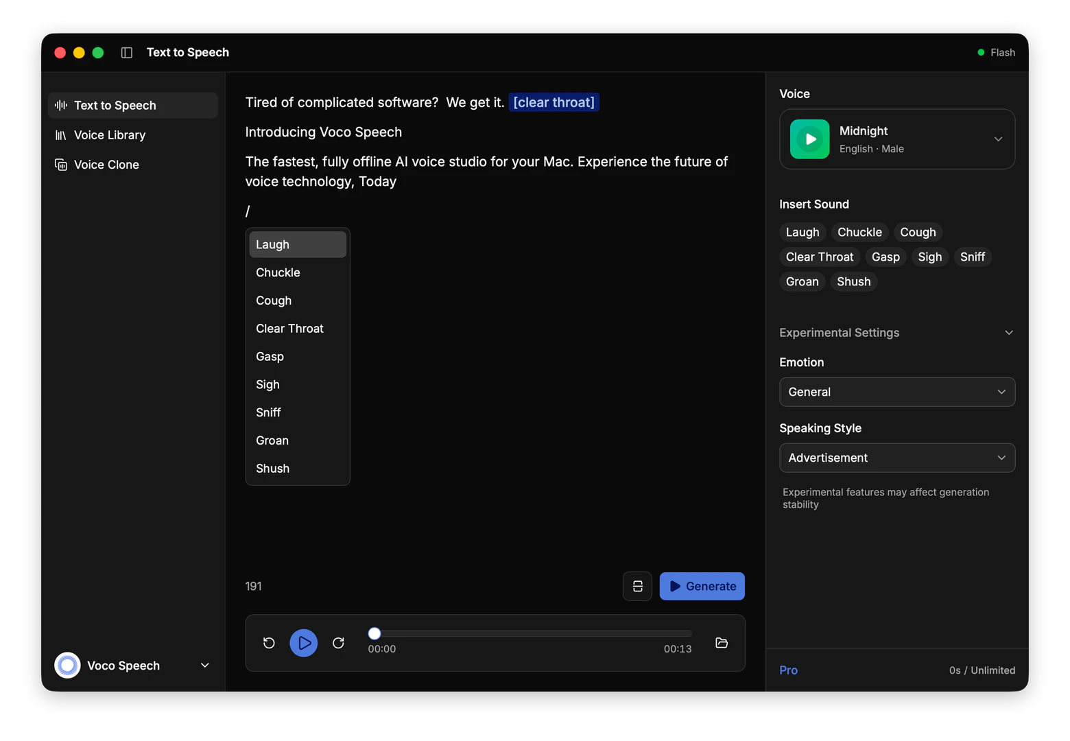 Voco Speech product interface in dark mode