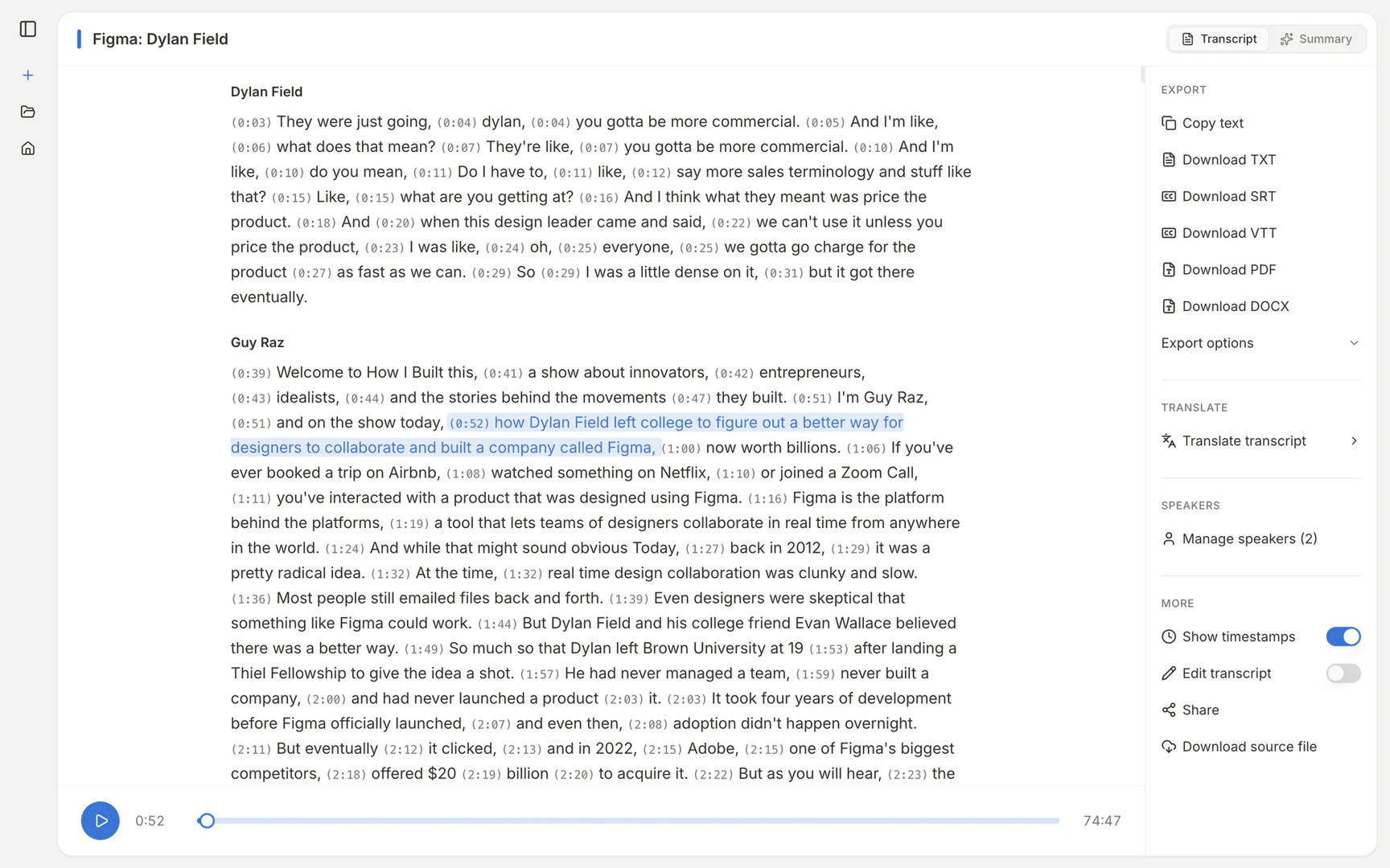 Vocova AI transcription interface showing audio waveform and transcript