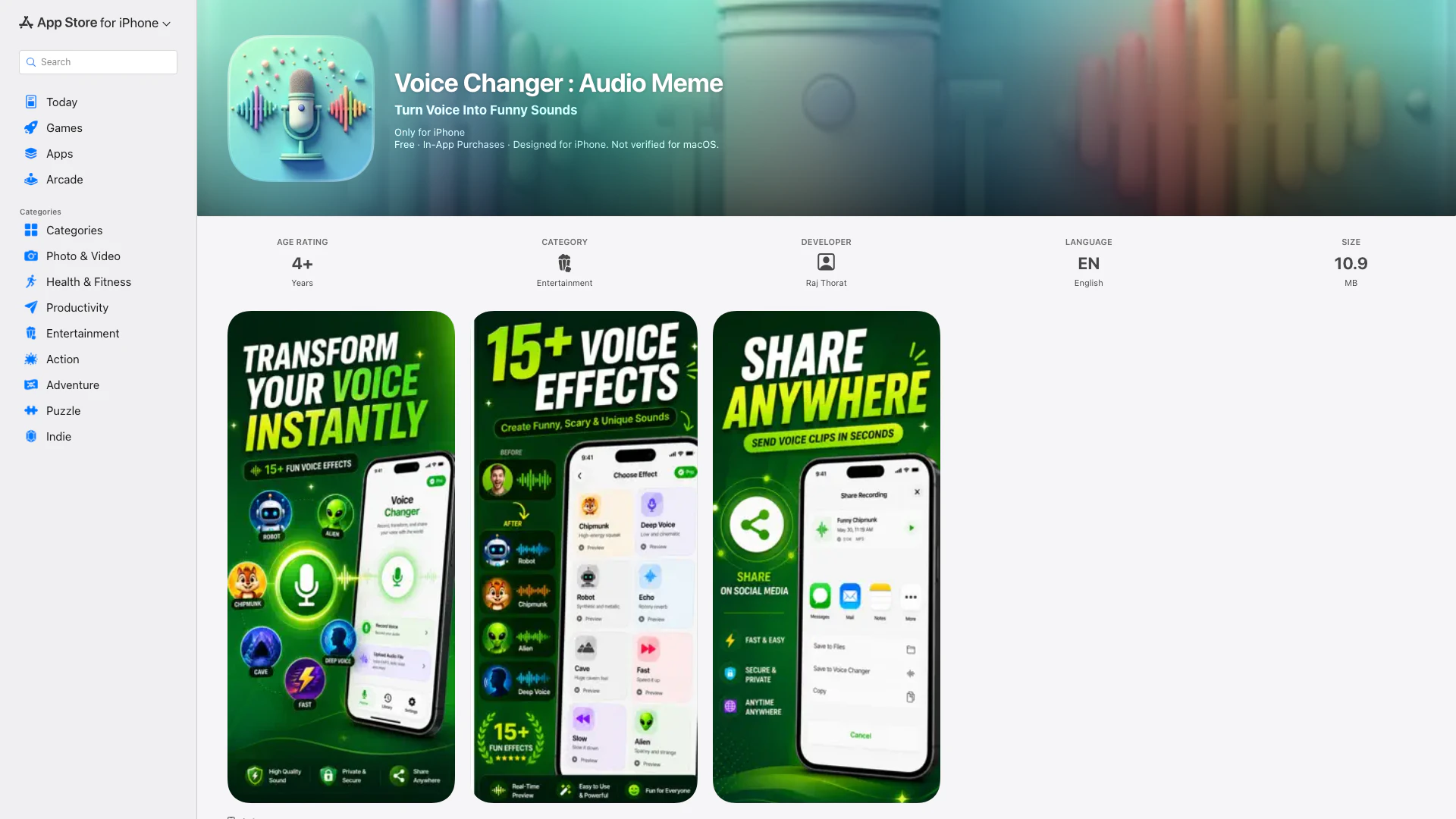 Voice Changer : Audio Meme - App iOS website screenshot showing Transforma tu voz con efectos divertidos... interface and features