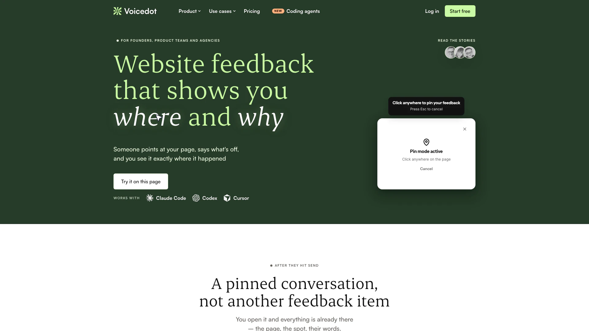 Voicedotai website screenshot showing Voicedot is a feedback tool that allows ... interface and features