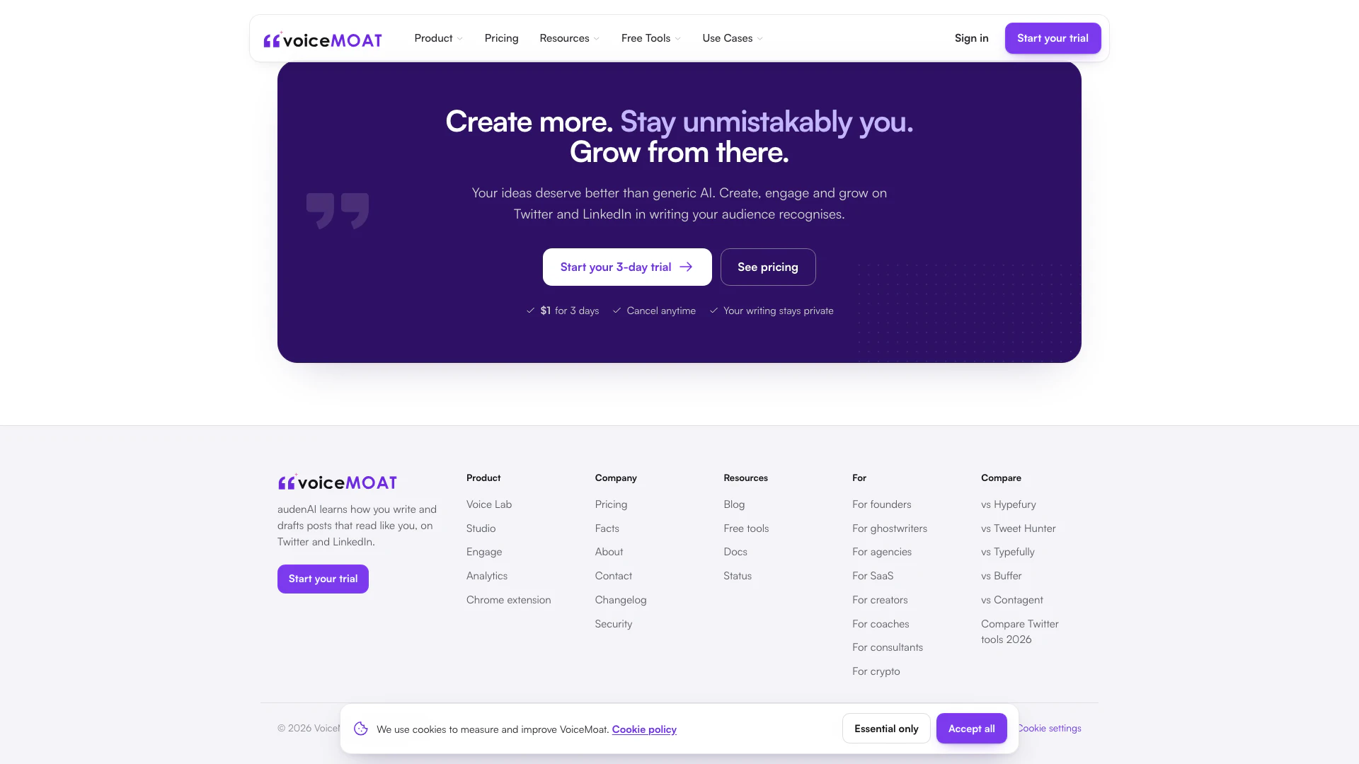 Voicemoat website screenshot showing VoiceMoat is the social media marketing ... interface and features