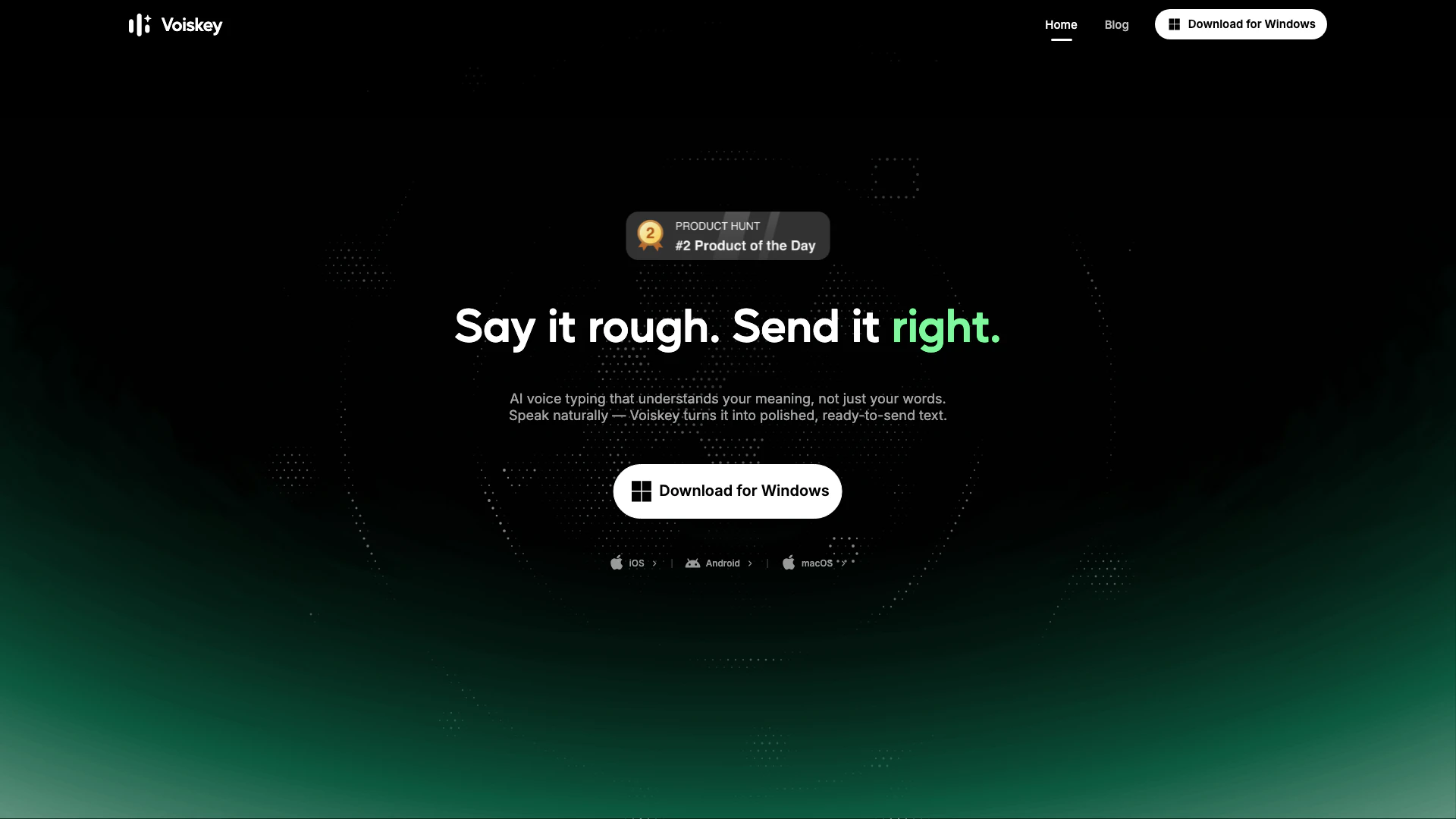 Voiskeyai website screenshot showing Voiskey turns natural speech into polish... interface and features