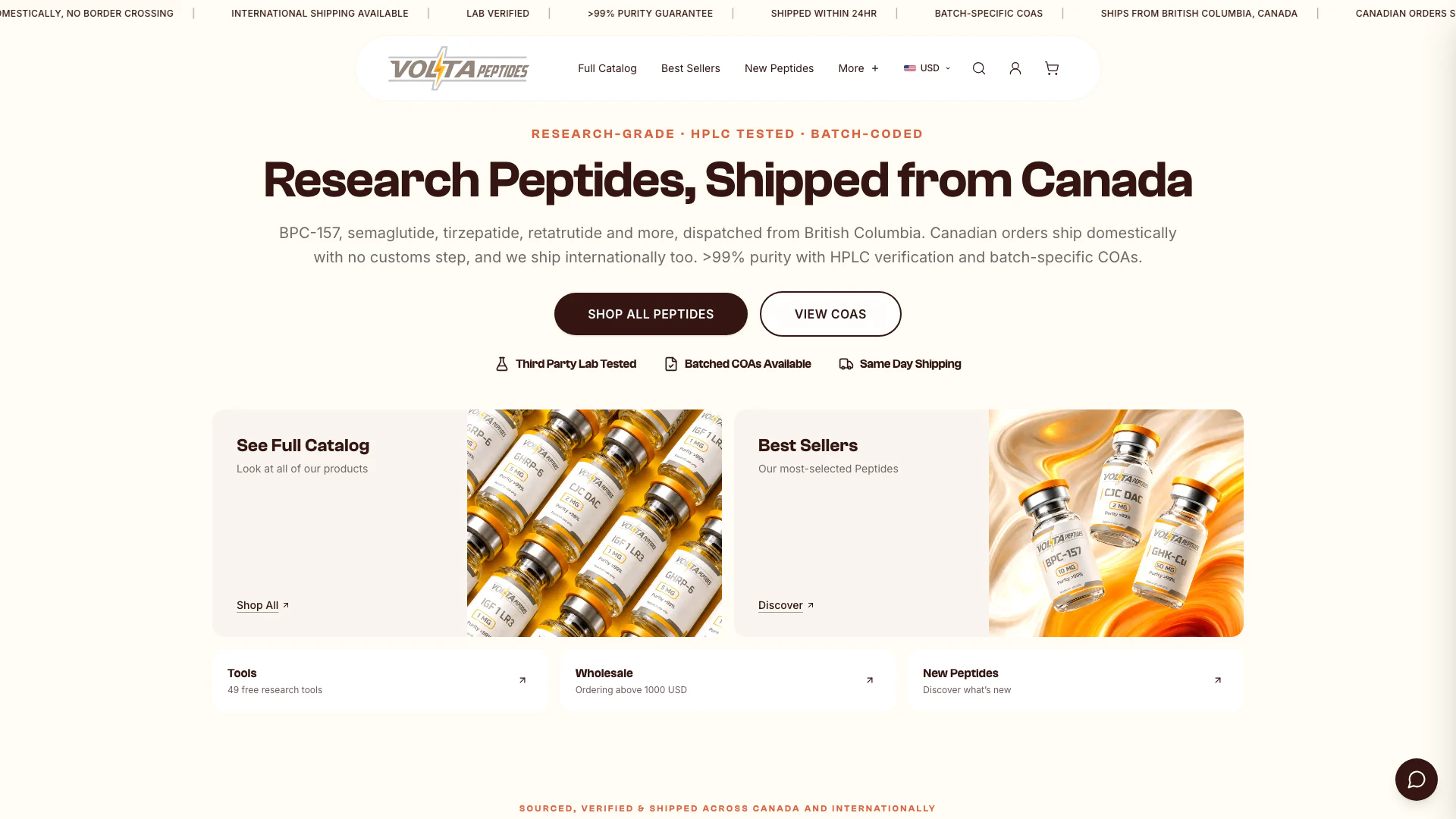 Voltapeptides website screenshot showing Voltapeptides는 99% 이상의 순도를 가진 연구용 펩타이드를 ... interface and features