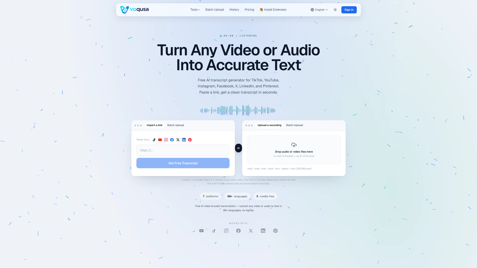 Voqusa website screenshot showing Voqusa is a free AI transcription tool t... interface and features