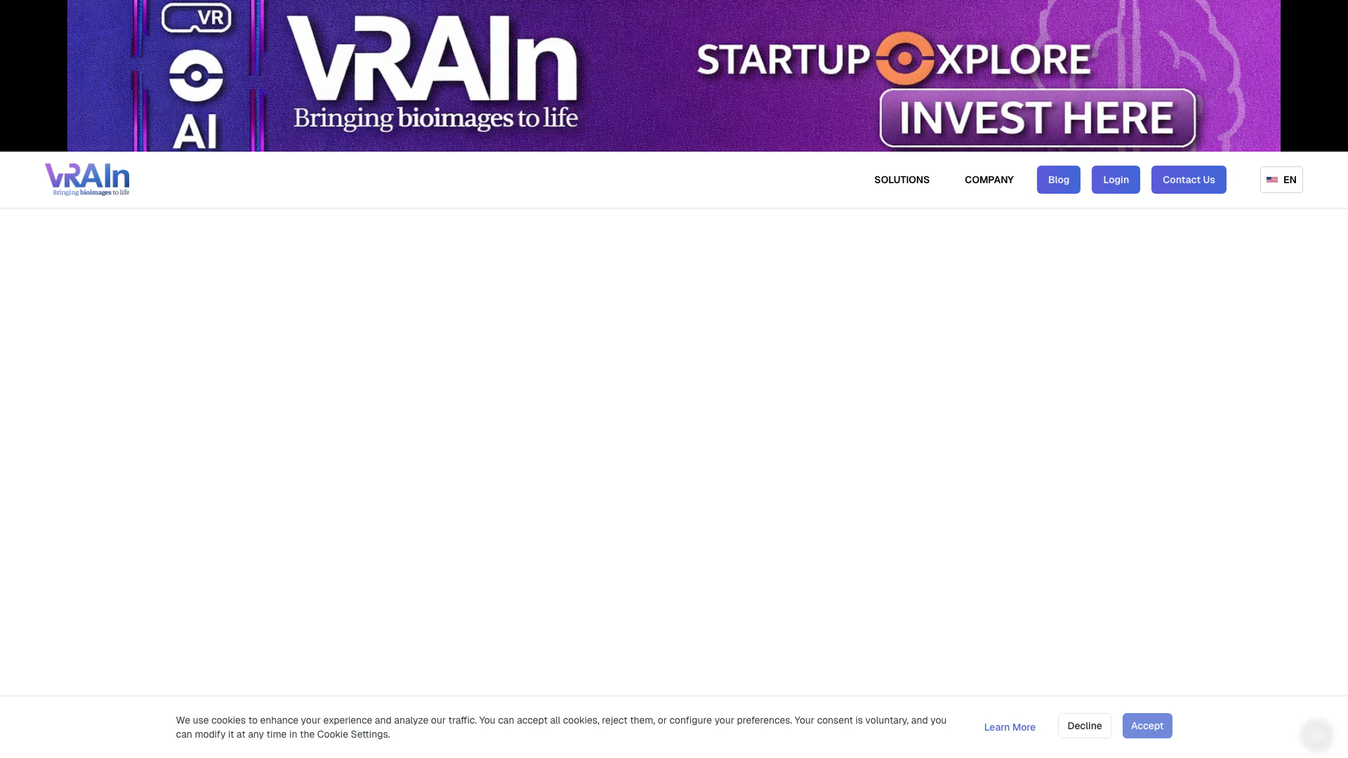 Vrain website screenshot showing Vrain pioneers Virtual Reality tools for... interface and features