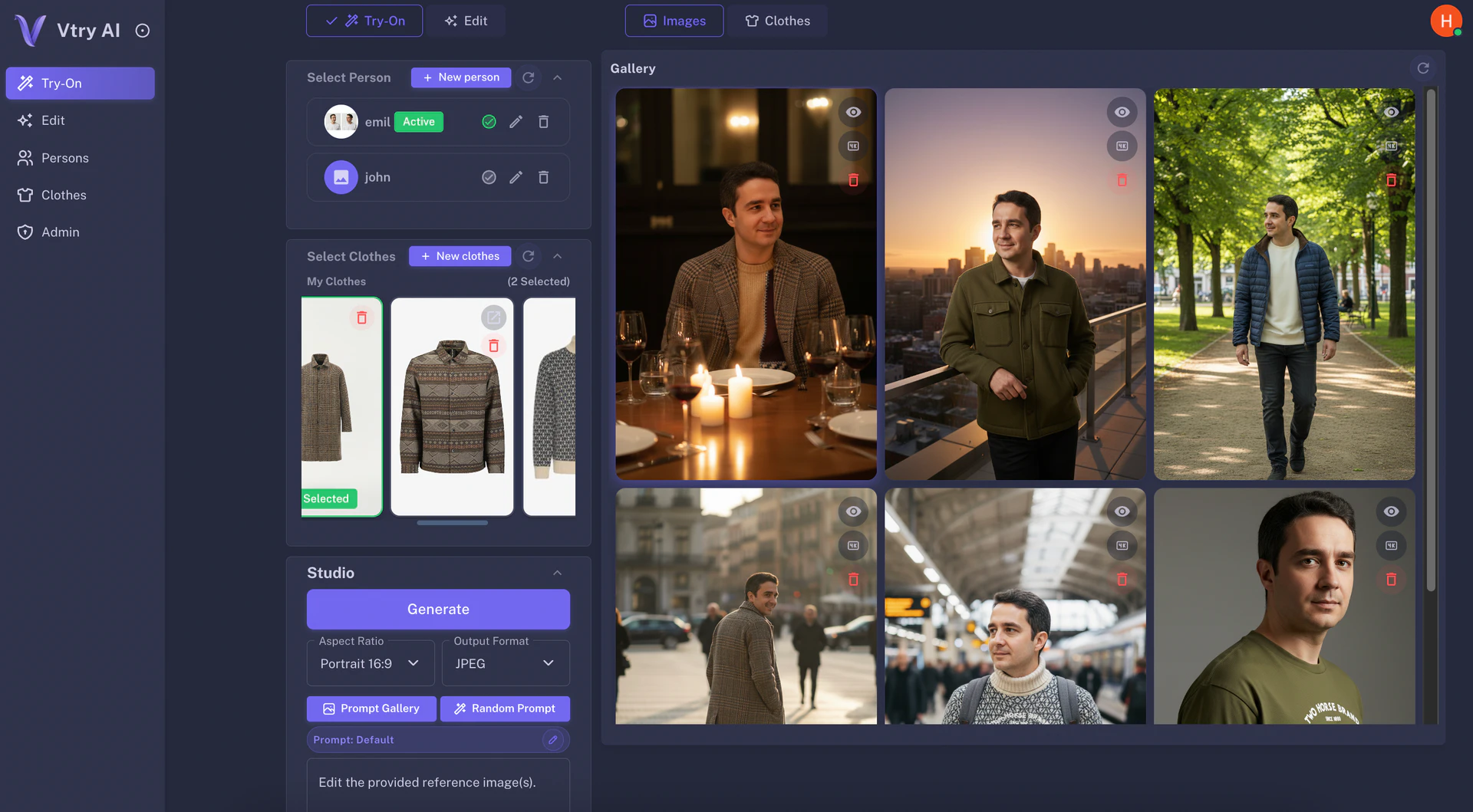 Vtry AI fashion photo studio dashboard overview