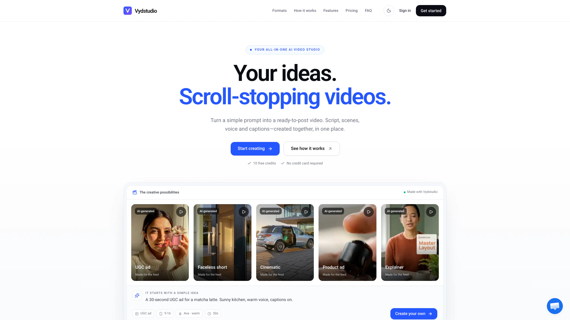 Vydstudioai website screenshot showing Vydstudio is an AI-powered video studio ... interface and features