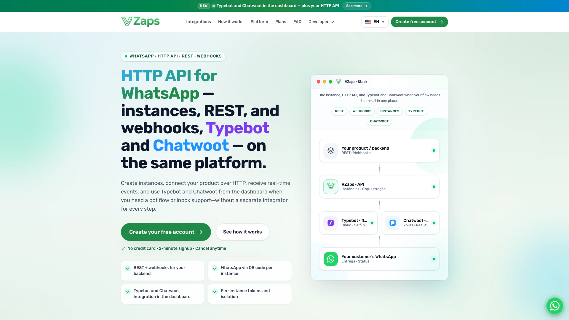 Vzaps website screenshot showing Vzaps provides a powerful WhatsApp API o... interface and features