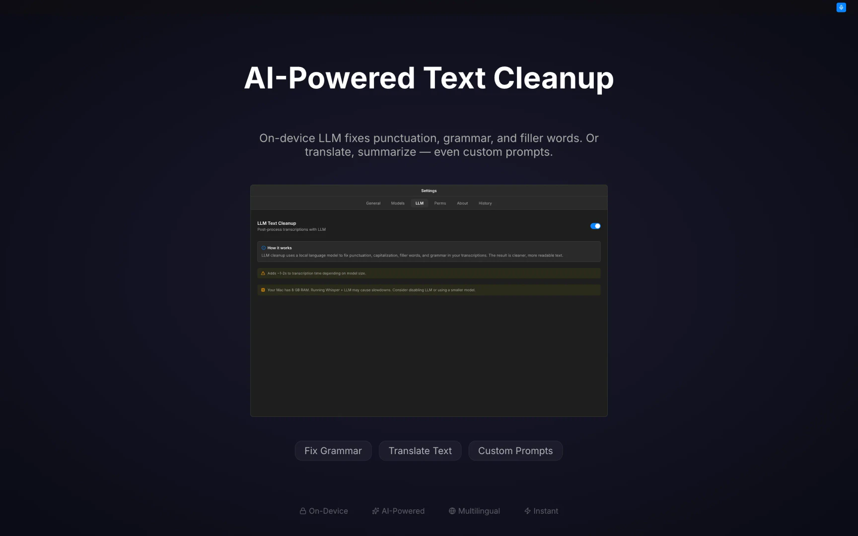 WalkAITalkie AI-powered text cleanup feature demonstration