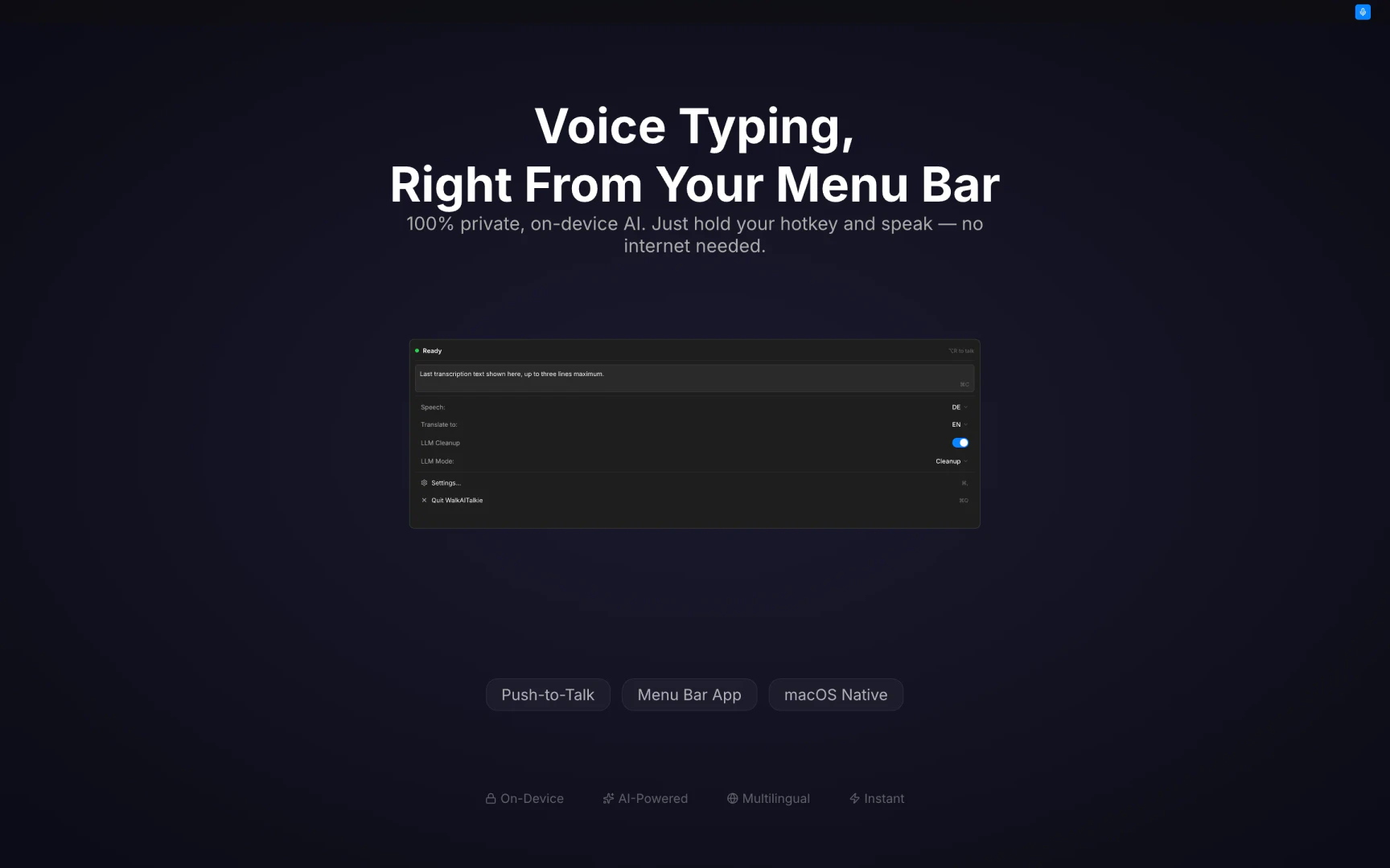 WalkAITalkie product interface showing voice typing feature