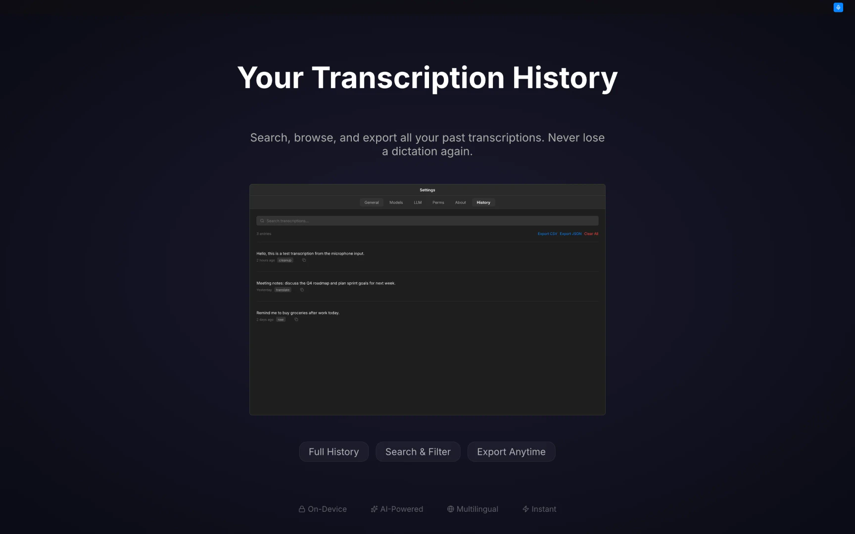 WalkAITalkie user scenario showing transcription history