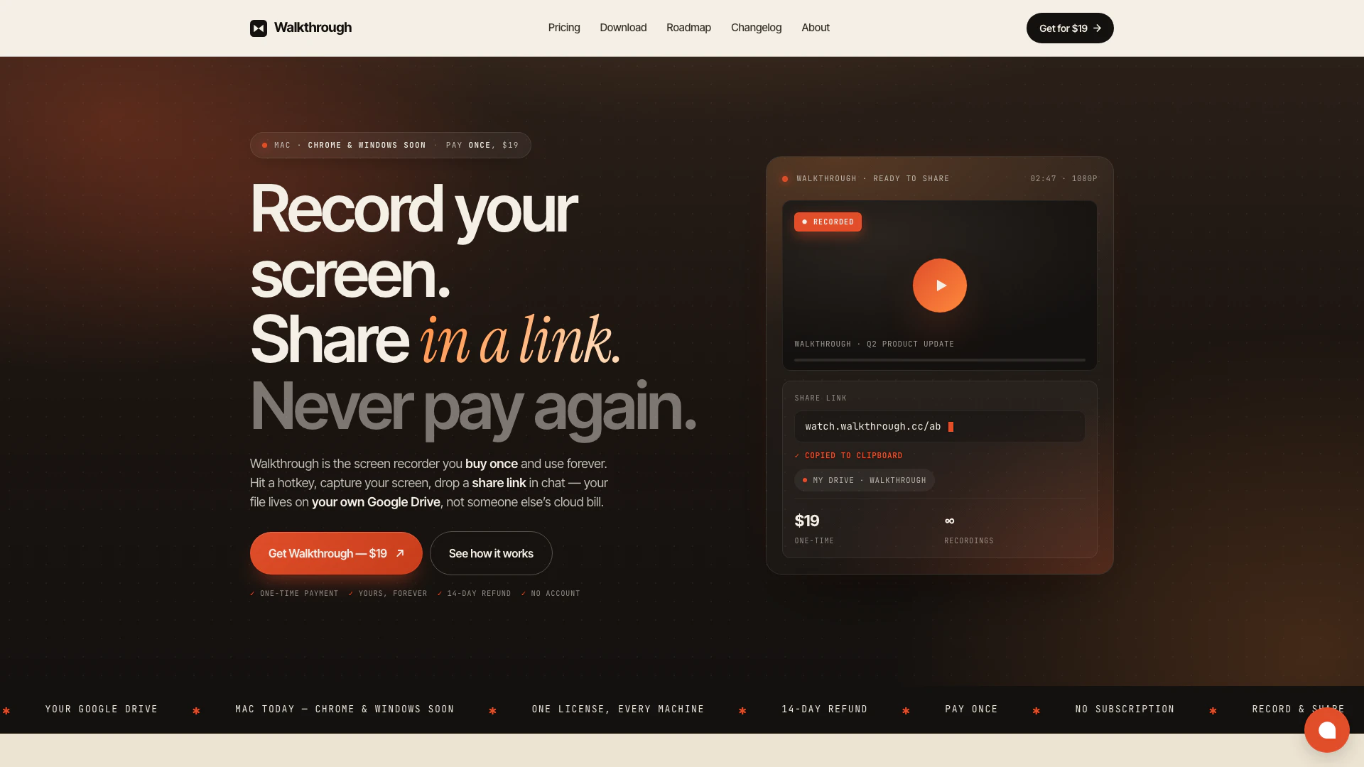 Walkthrough website screenshot showing Walkthrough is a pay-once desktop screen... interface and features