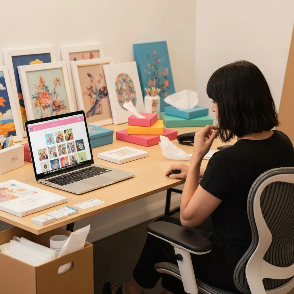 Creative workspace with laptop and printed wall art for selling online