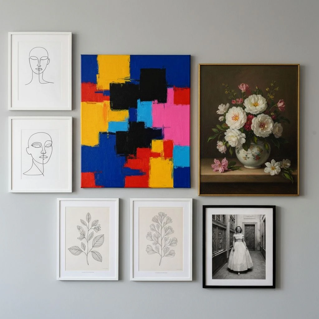 Gallery wall showcasing different AI-generated art styles