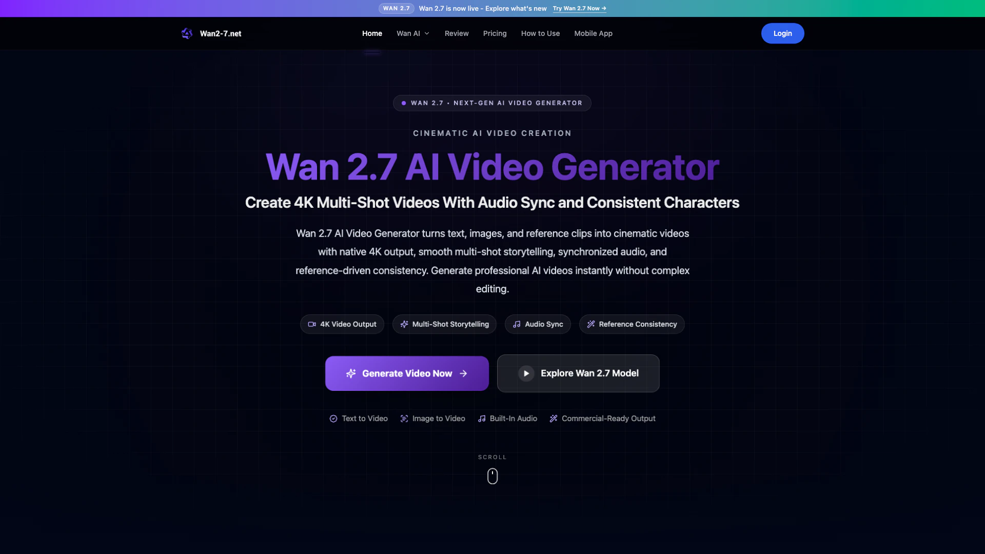 Wan Ai Video website screenshot showing Wan 2.7 is a next-generation AI video ge... interface and features