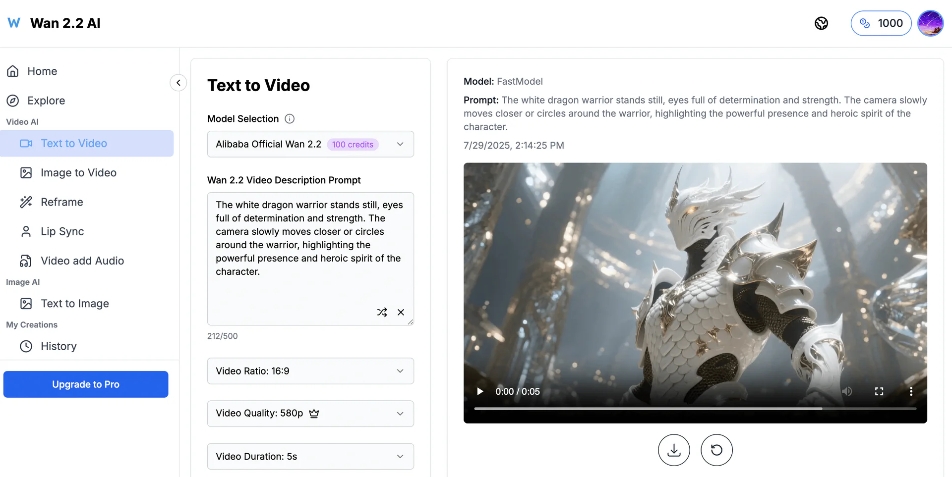 Wan 2.2 AI text-to-video generation interface