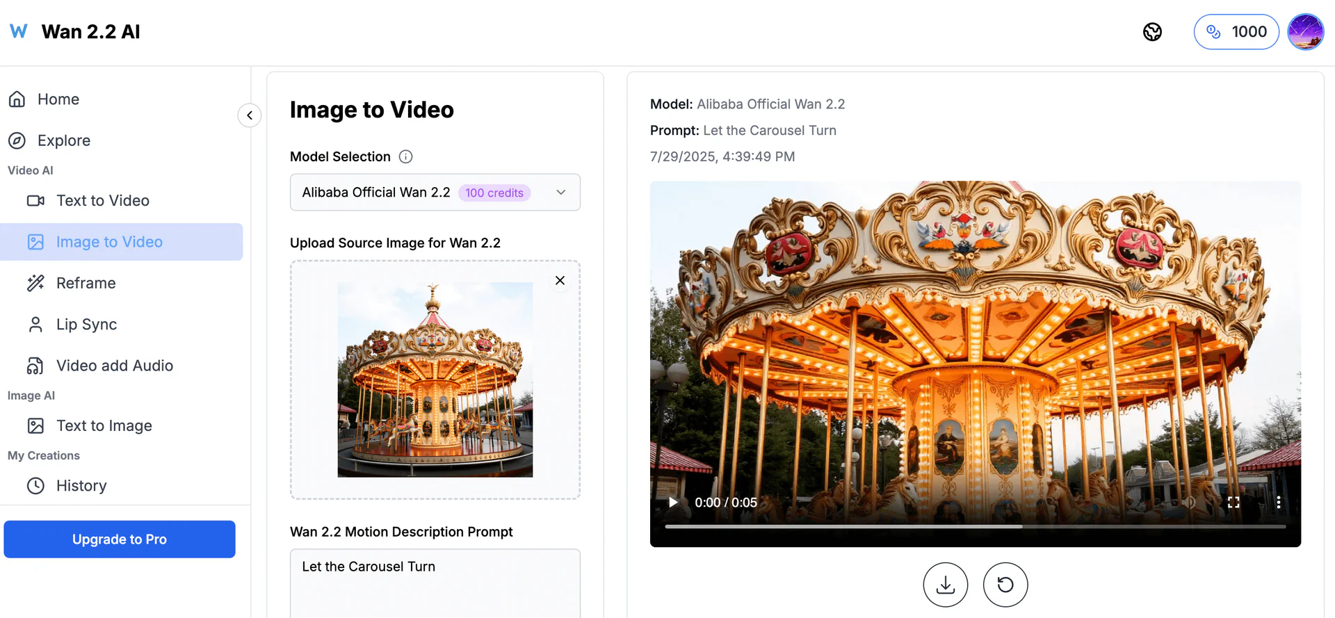 Wan 2.2 AI image-to-video generation interface