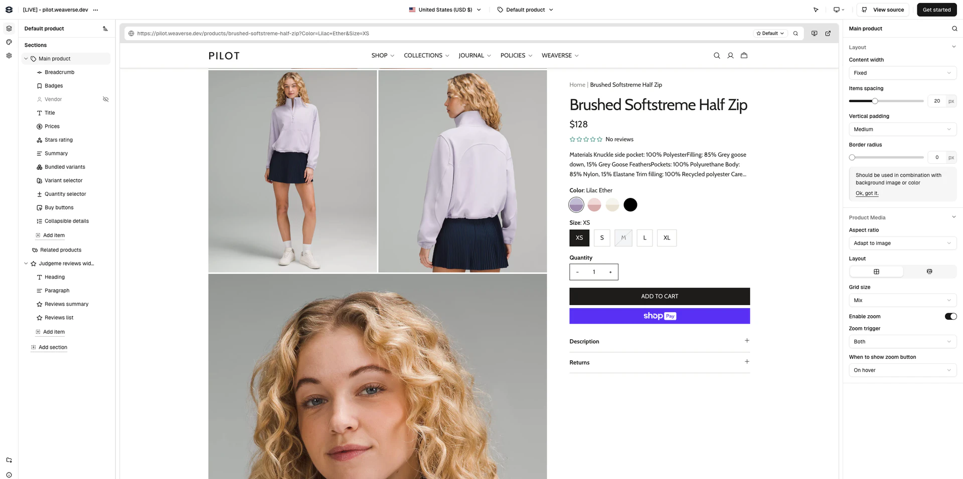 Weaverse visual editor interface