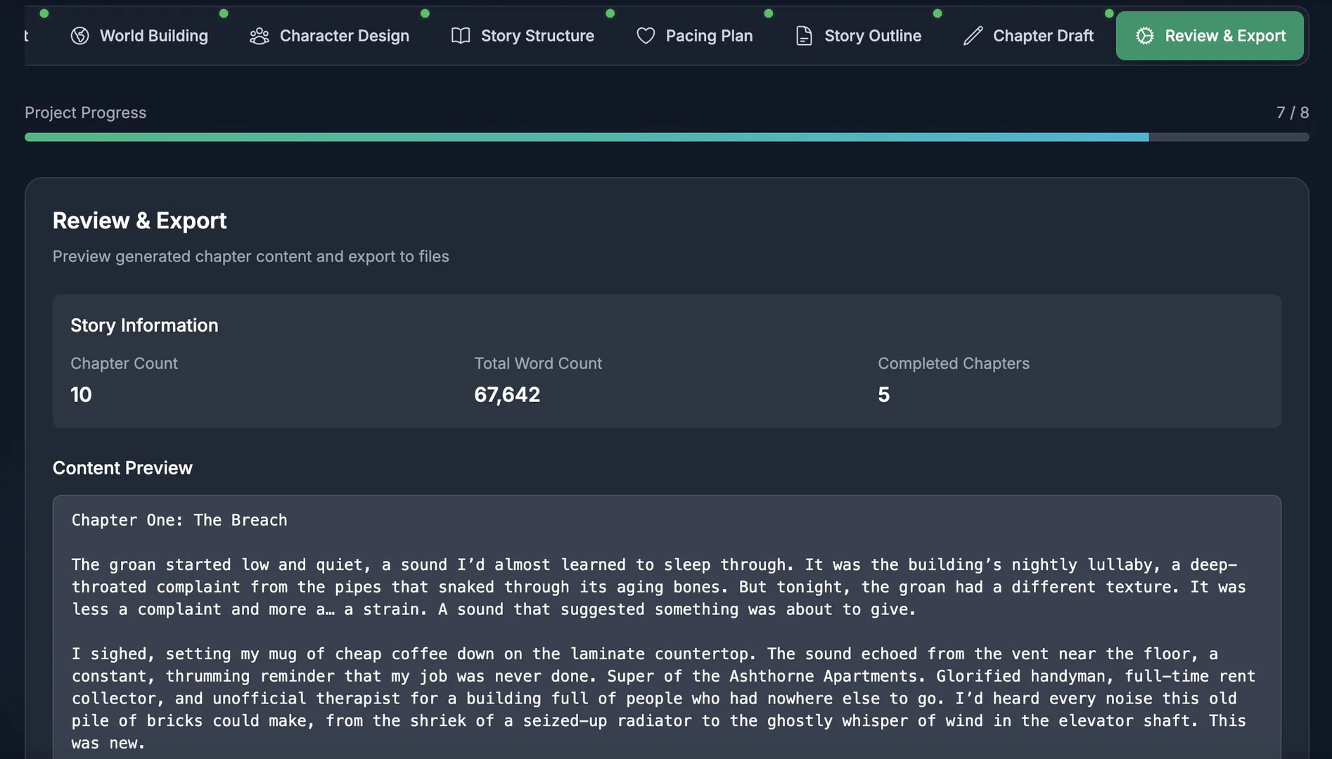WebNovel AI review and export chapter process
